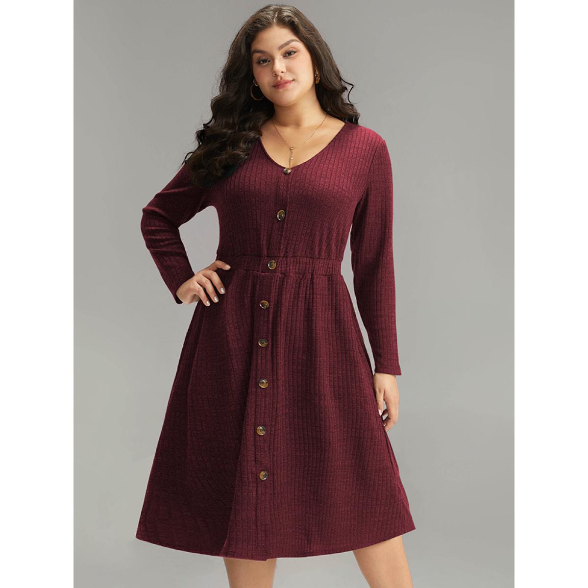 Plus Size Rib Knit Button Detail Pocket Dress Burgundy Women Casual Plain V-neck Long Sleeve Curvy Midi Dress BloomChic 30/6X Product Image