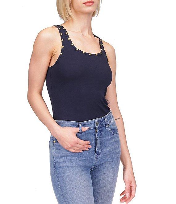 MICHAEL Michael Kors Cotton Stretch Double Knit Ribbed Scoop Neck Sleeveless Stud Tank Product Image