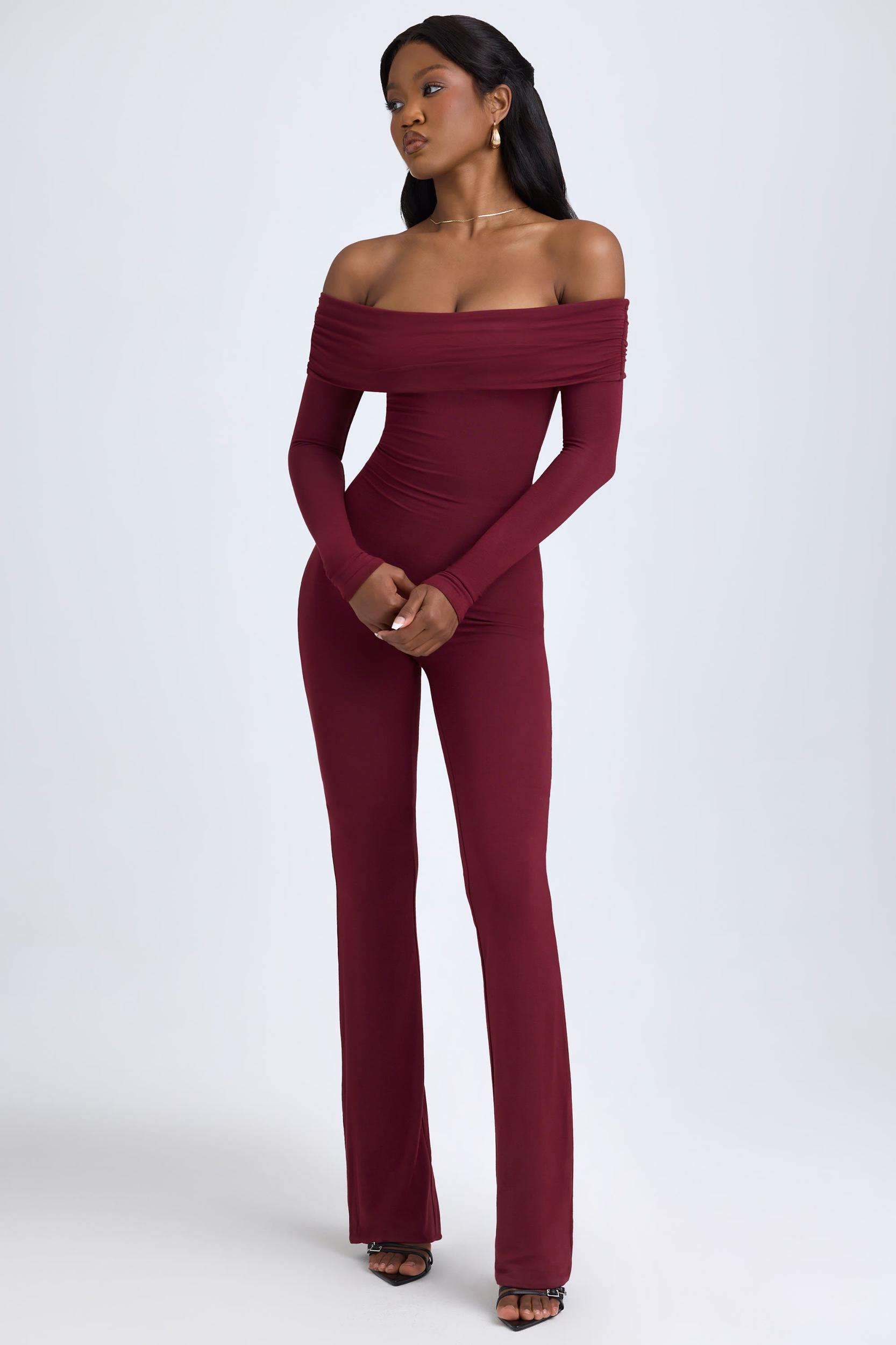 Modal Off-Shoulder Ruched Jumpsuit in Wine Red Product Image