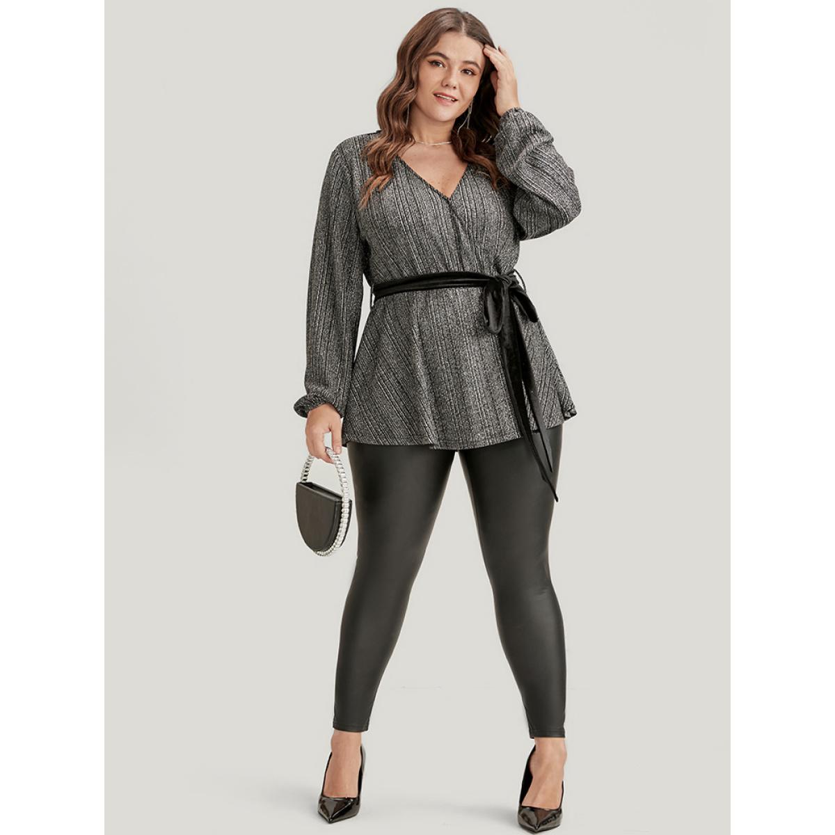 Plus Size Black Solid Wrap Lantern Sleeve Belted Sequin Blouse Women Party Long Sleeve V-neck Going out Blouses BloomChic 10/M Product Image