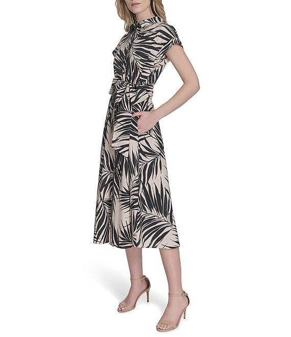 Vince Camuto Printed Woven Point Collar Cap Sleeve Midi Shirt Dress Product Image