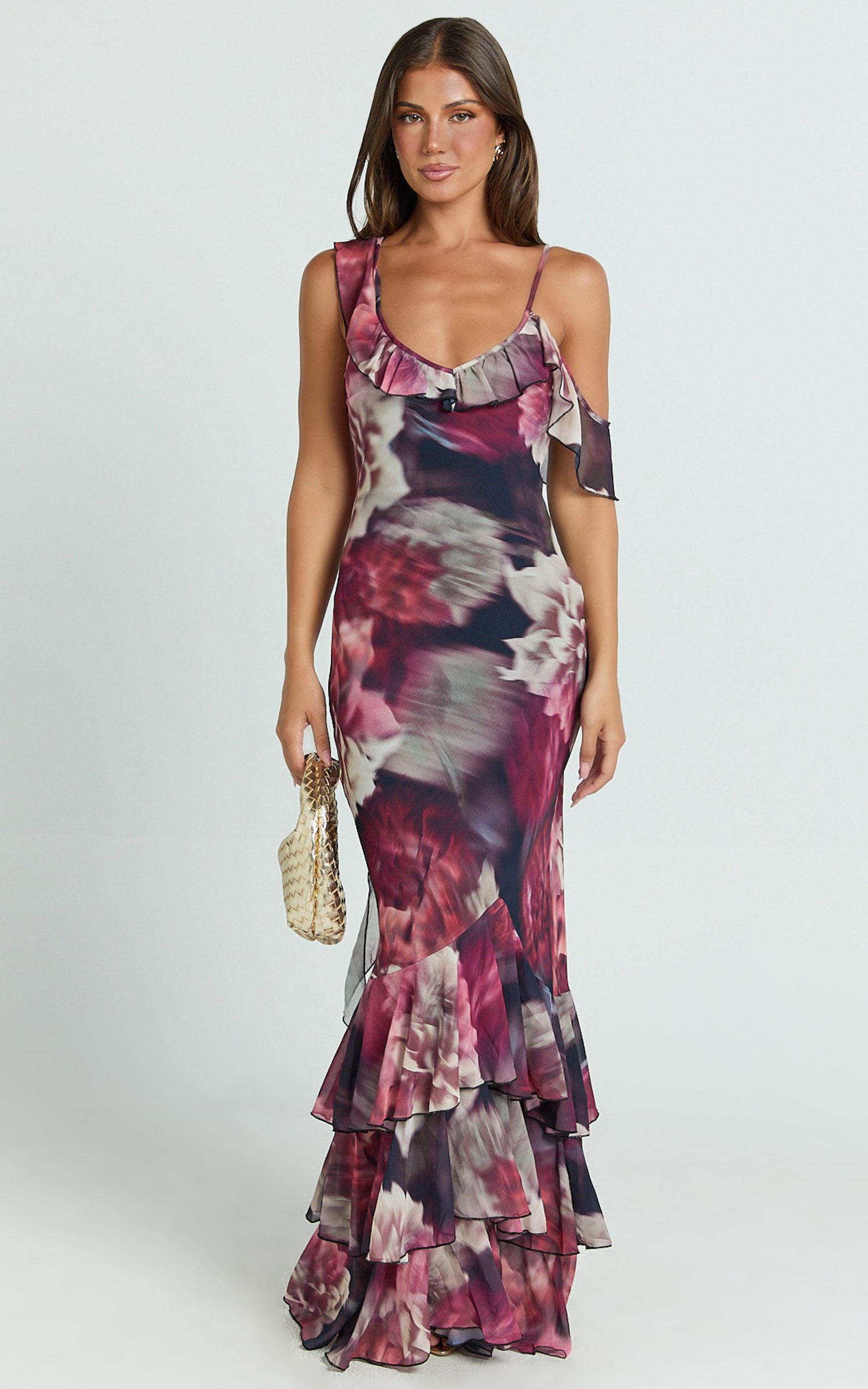 Riley Maxi Dress - Asymmetric Ruffle Detail Maxi Dress in Mariache Rose Product Image