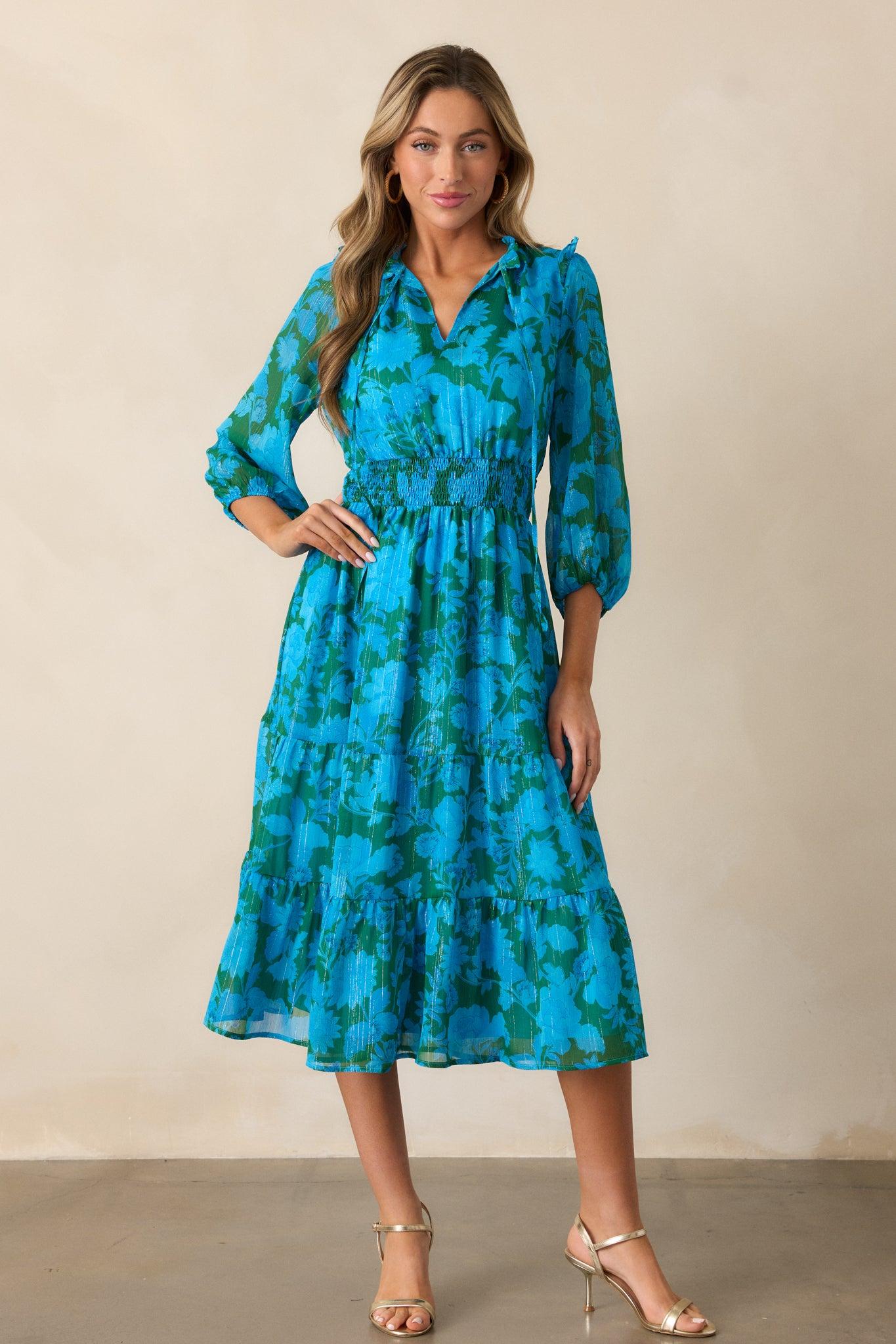 Rising Tides Blue Floral Long Sleeve Midi Dress Product Image