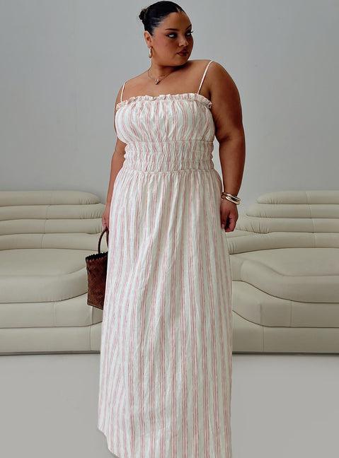 Persephone Shirring Linen Maxi Dress Pink Stripe Curve Product Image