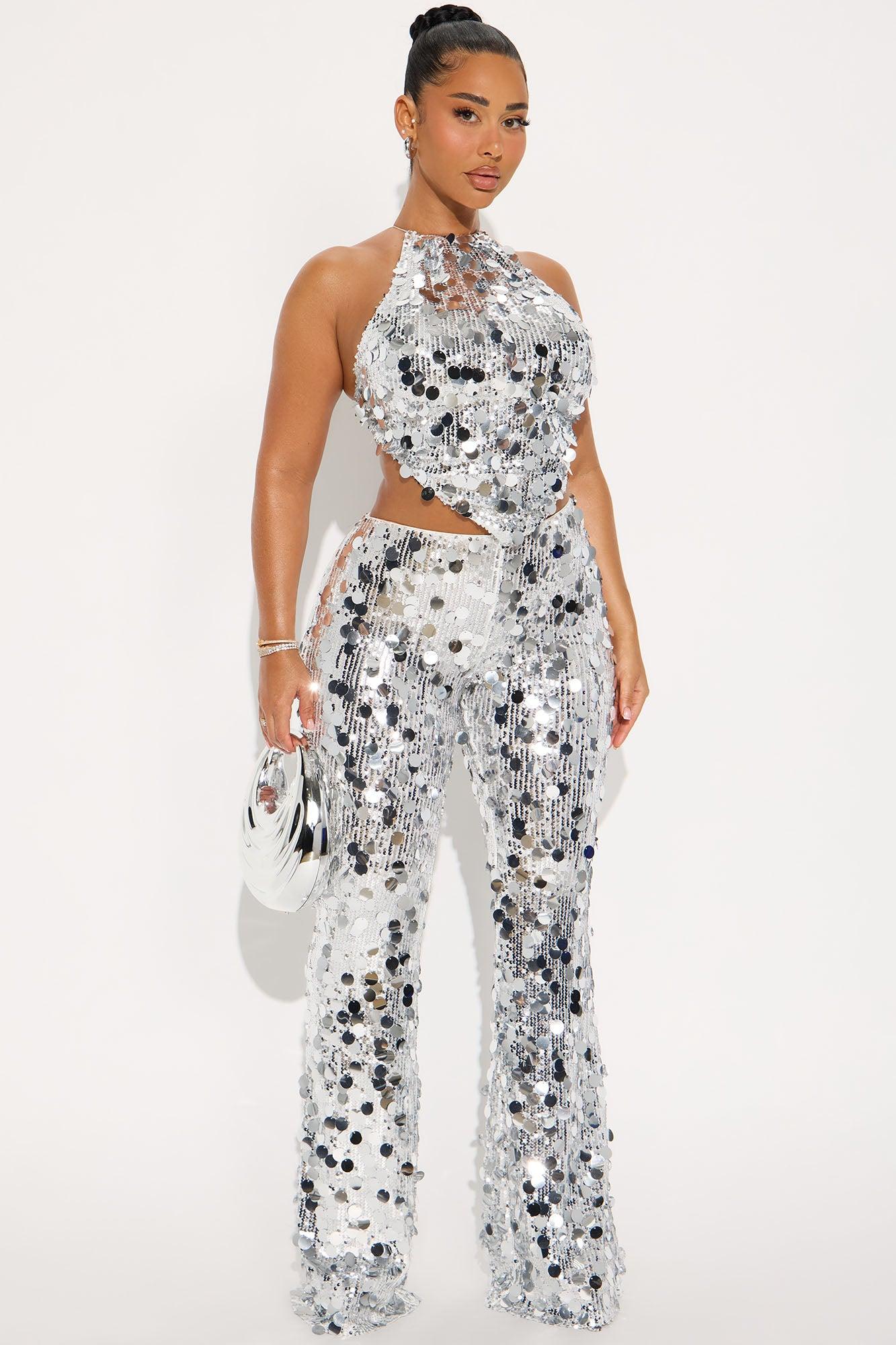 Mirror Me Sequin Halter Backless Pant Set - Silver Female Product Image