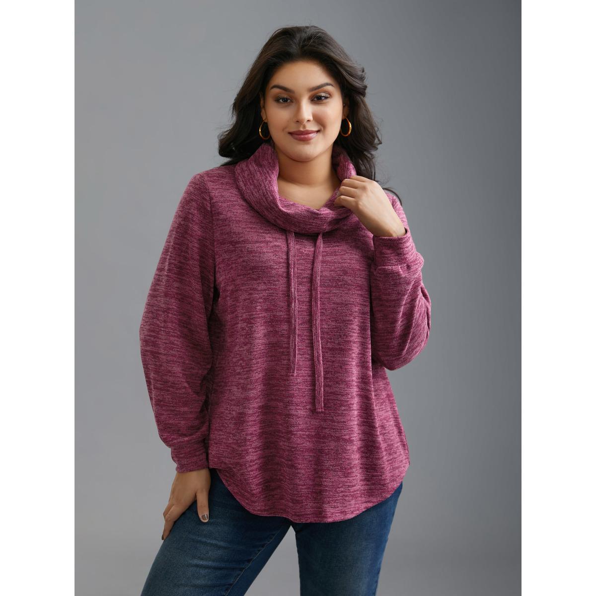 Plus Size Cowl Neck Plain Heather Drawstring Sweatshirt Women RedViolet Casual Drawstring Loose Ruffled collar Everyday Sweatshirts BloomChic 22-24/3X Product Image