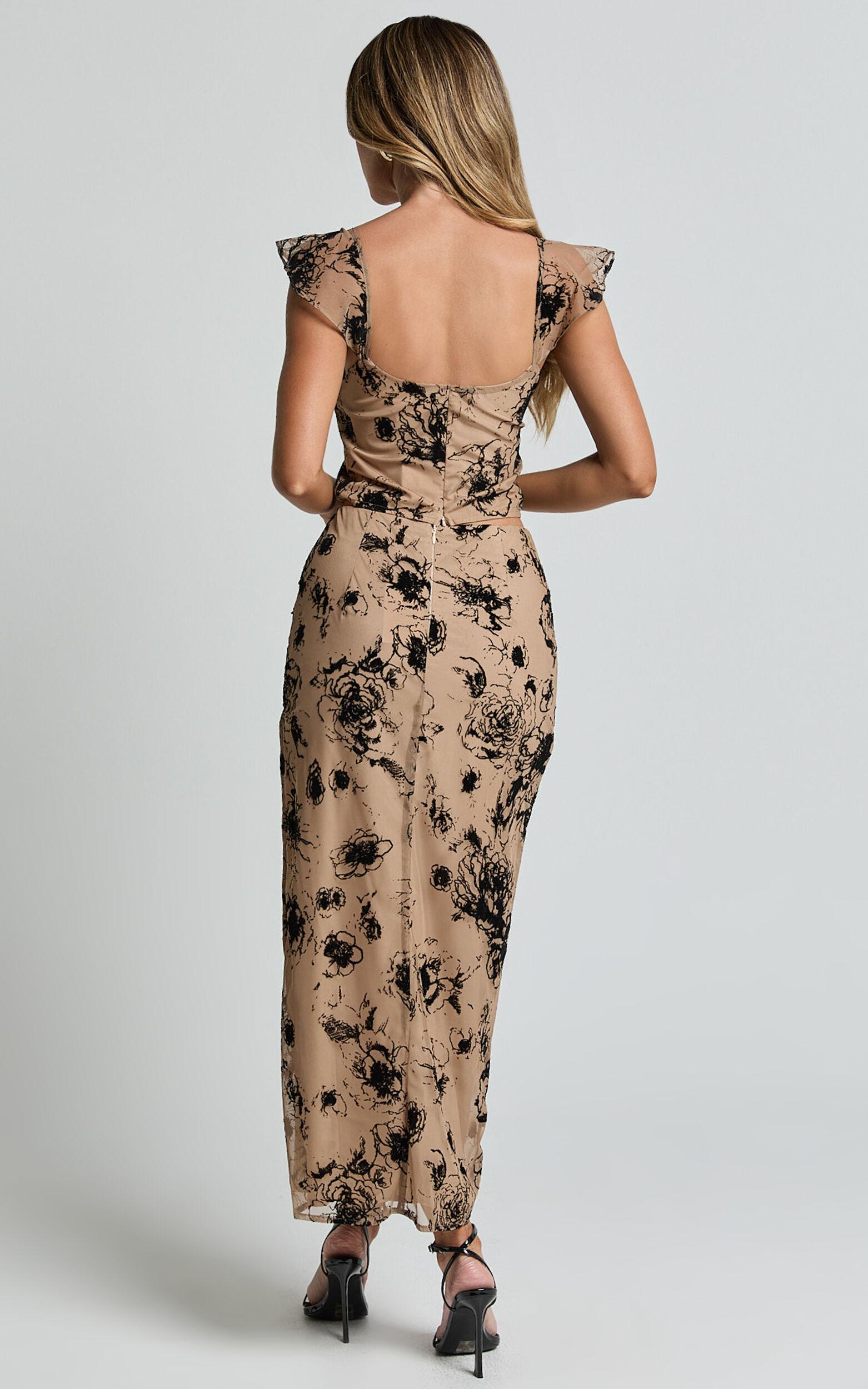 Athena Midi Skirt - Floral Mesh High Waist Skirt in Brown and Black Burnout Product Image