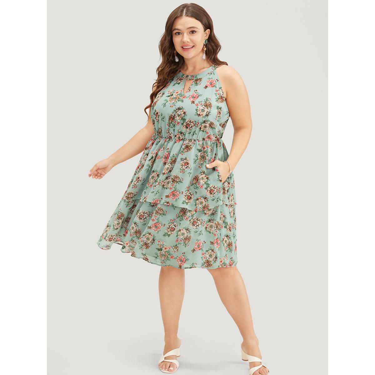 Plus Size Floral Pocket Ruffle Tiered Keyhole Knotted Halter Dress Mint Women Elegant Lined Halter neck Sleeveless Curvy Knee Dress BloomChic 14-16/1X Product Image