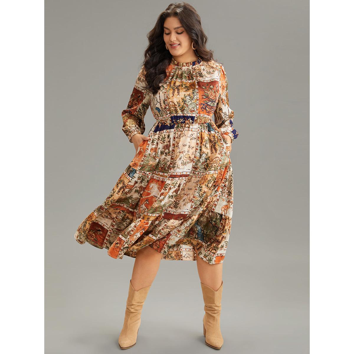 Plus Size Boho Print Stand Collar Pleated Lantern Sleeve Dress Chocolate Women Vacation Elastic cuffs Stand-up collar Long Sleeve Curvy Midi Dress BloomChic 10/M Product Image