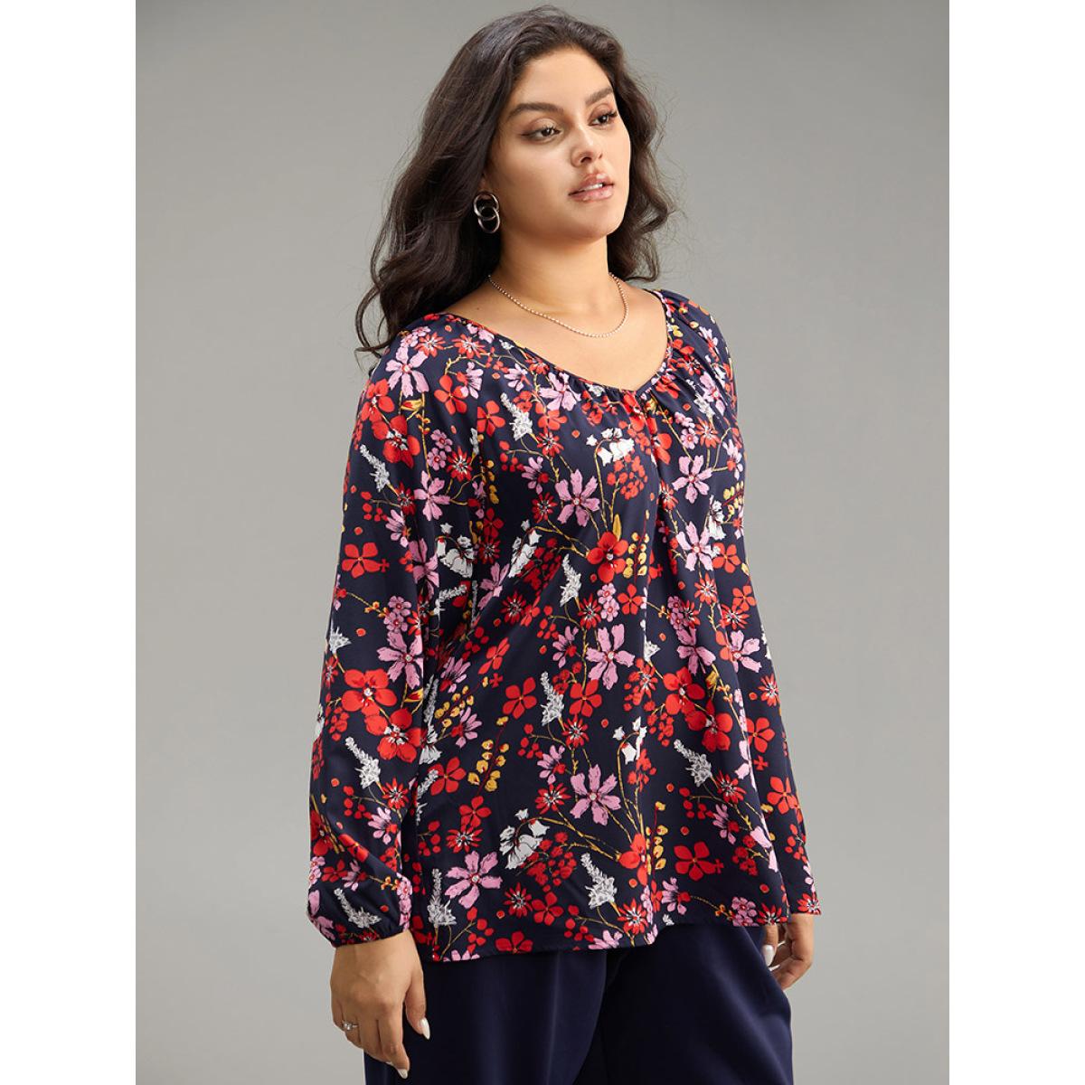 Plus Size Multicolor Floral Print Gathered Lantern Sleeve Blouse Women Elegant Long Sleeve V-neck Dailywear Blouses BloomChic 22-24/3X Product Image