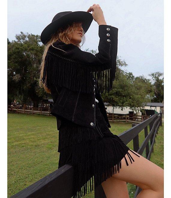 Scully Suede Leather Whipstitch Collar Fringe Jacket Product Image