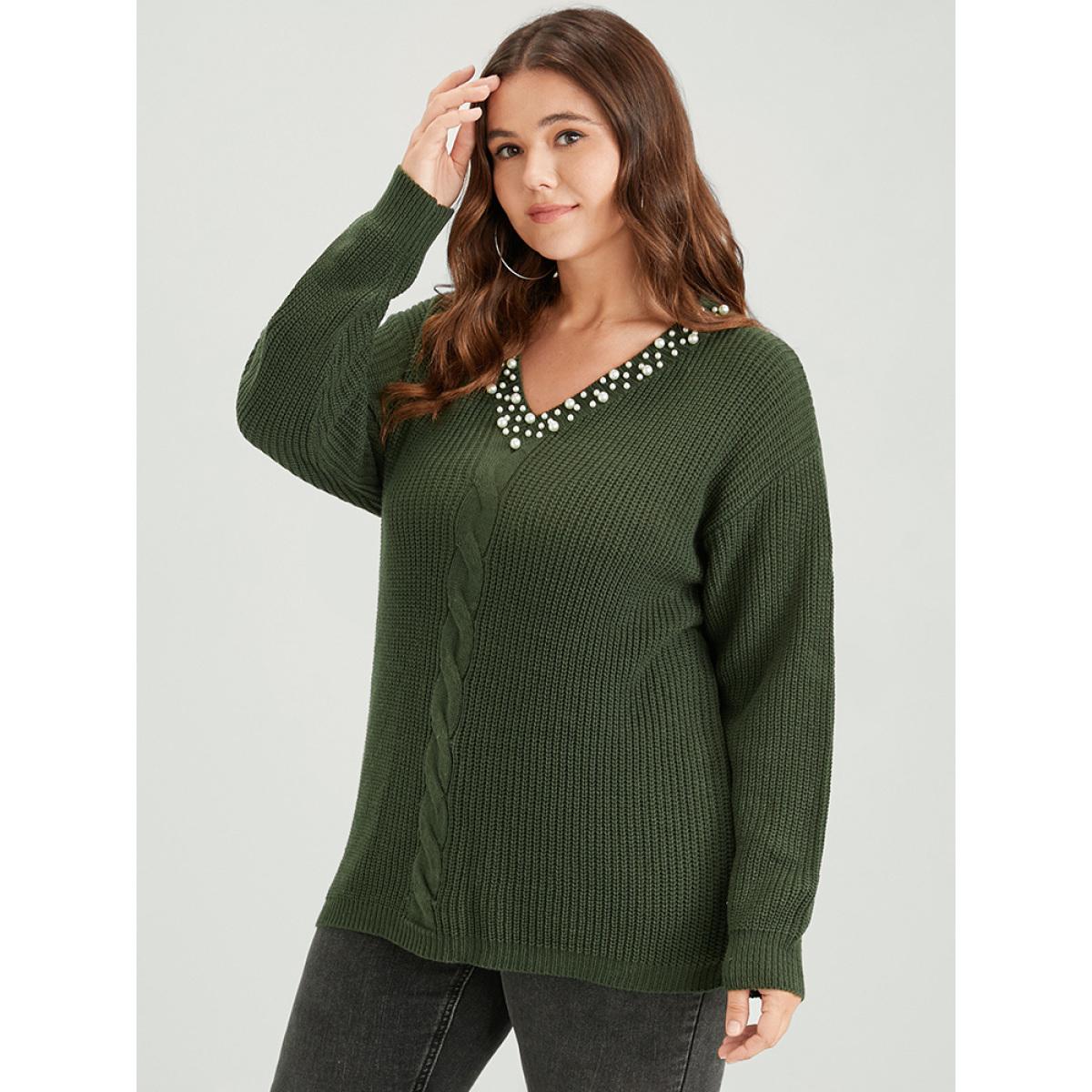 Plus Size Plain Pointelle Knit Pearl Beaded Neck Cable Knit Top ArmyGreen Women Casual Loose Long Sleeve V-neck Dailywear Pullovers BloomChic 10/M Product Image