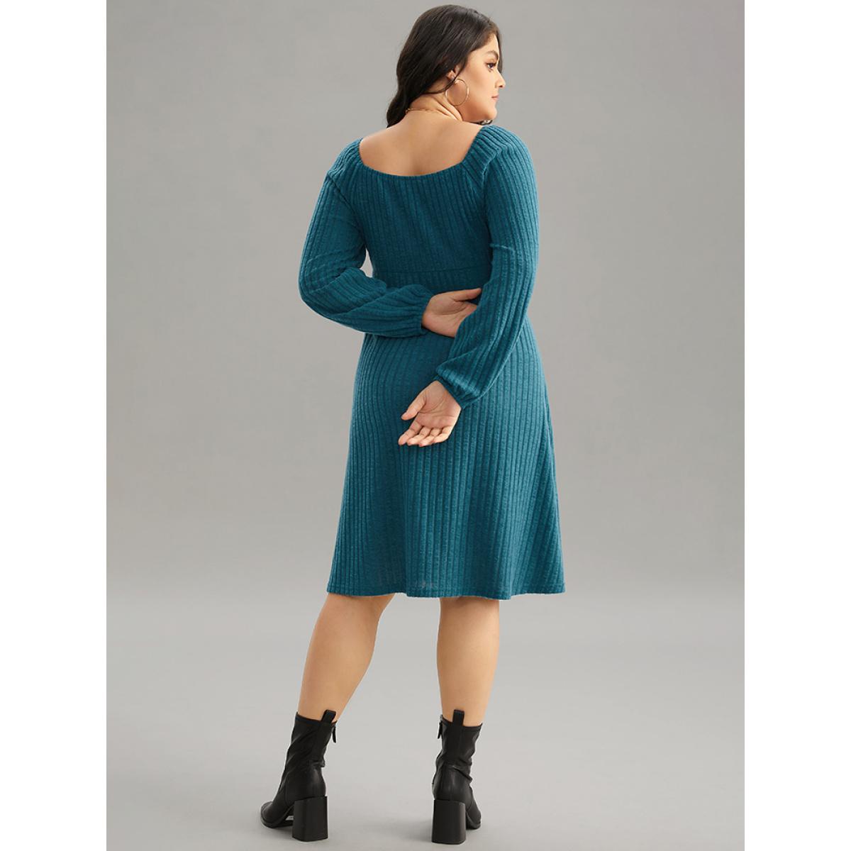 Plus Size Rib Knit Ties Square Neck Lantern Sleeve Dress Aegean Women Casual Elastic cuffs Square Neck Long Sleeve Curvy Midi Dress BloomChic 18-20/2X Product Image