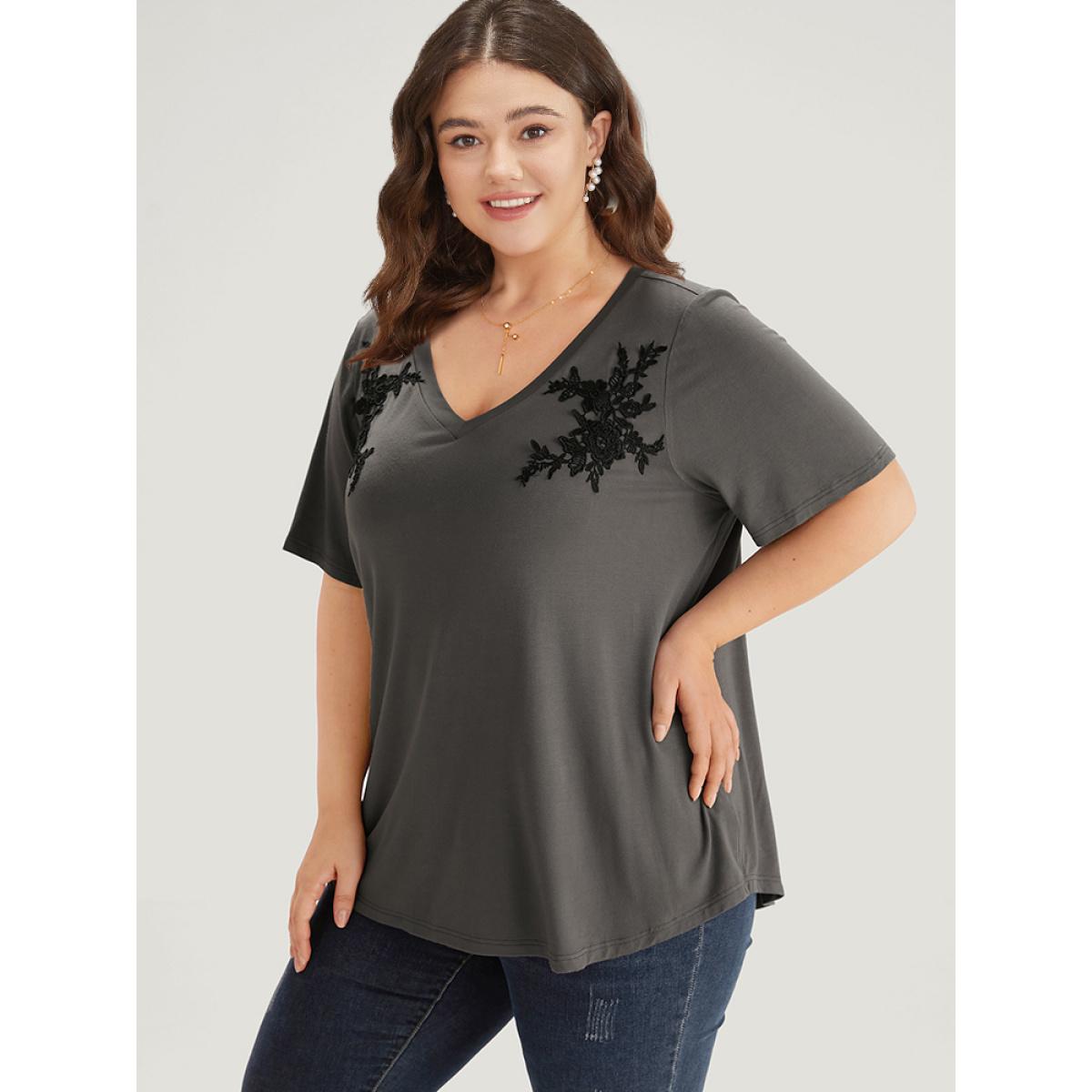 Plus Size Supersoft Essentials Floral V Neck Short Sleeve T-shirt DimGray Women Elegant Embroidered Silhouette Floral Print V-neck Dailywear T-shirts BloomChic 14-16/1X Product Image