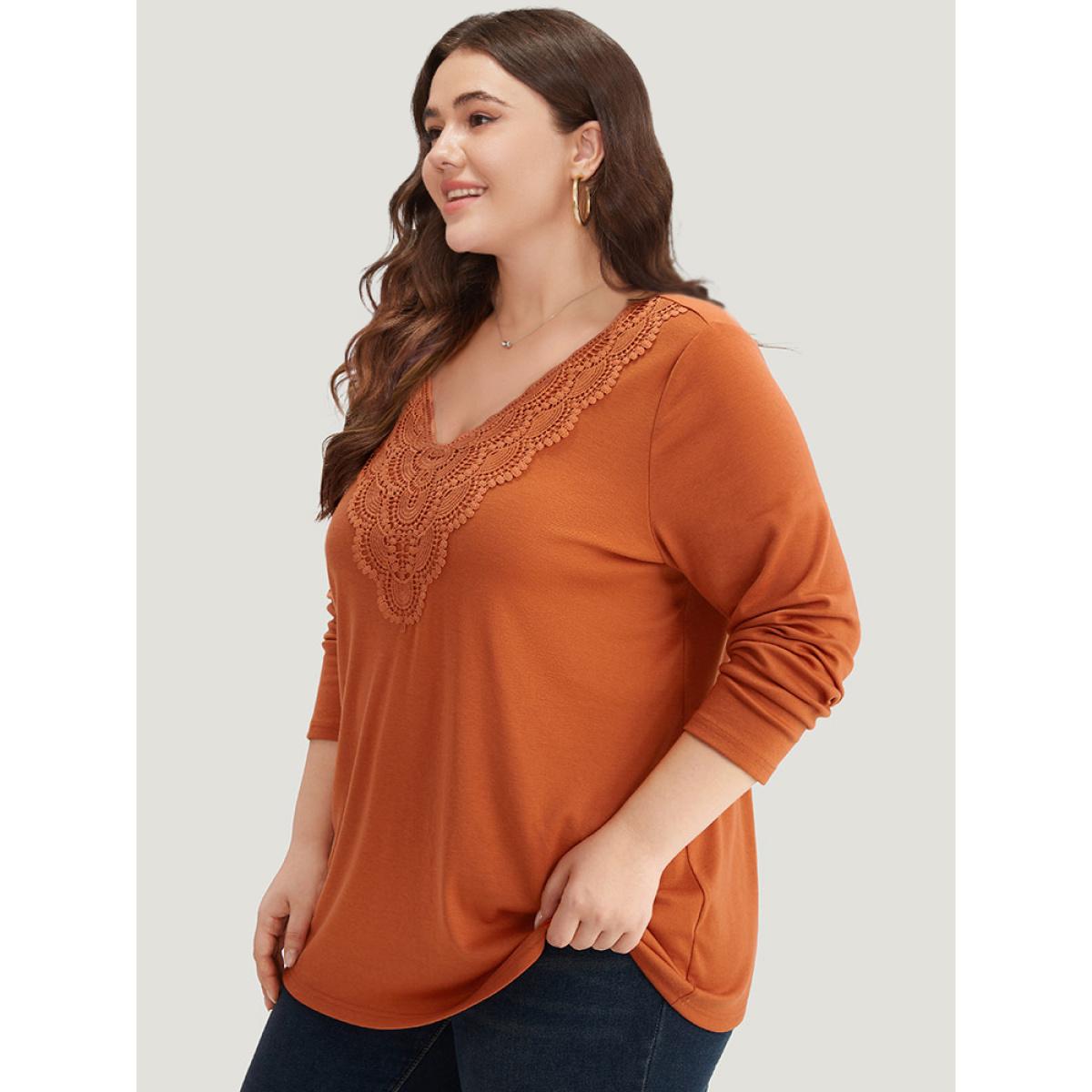 Plus Size Lace Panel V Neck T-shirt Chocolate Women Elegant Plain Plain V-neck Dailywear T-shirts BloomChic 12/L Product Image