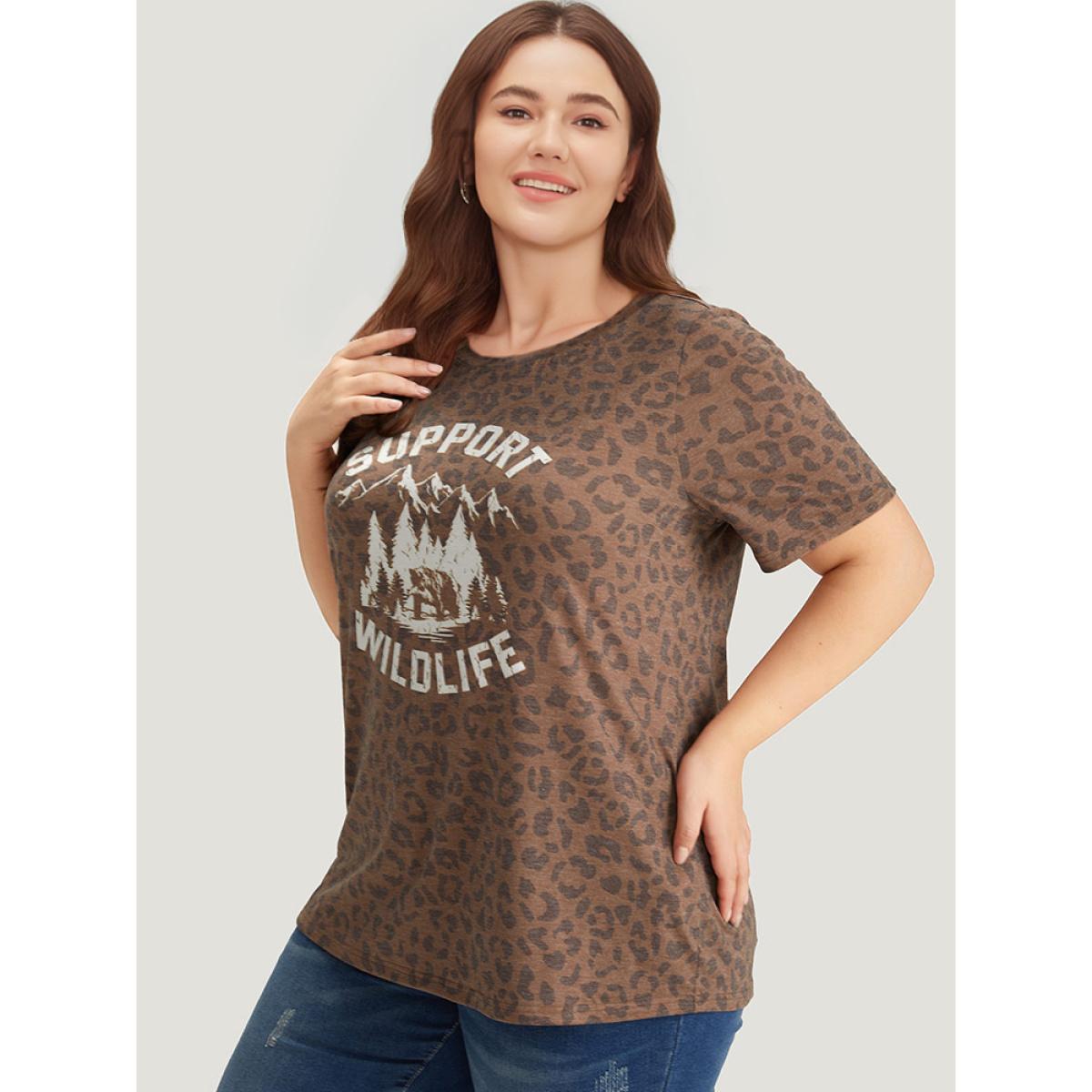 Plus Size Leopard Graphic & Letter Print Crew Neck T-shirt Multicolor Women Casual Landscape Dailywear T-shirts BloomChic 22-24/3X Product Image