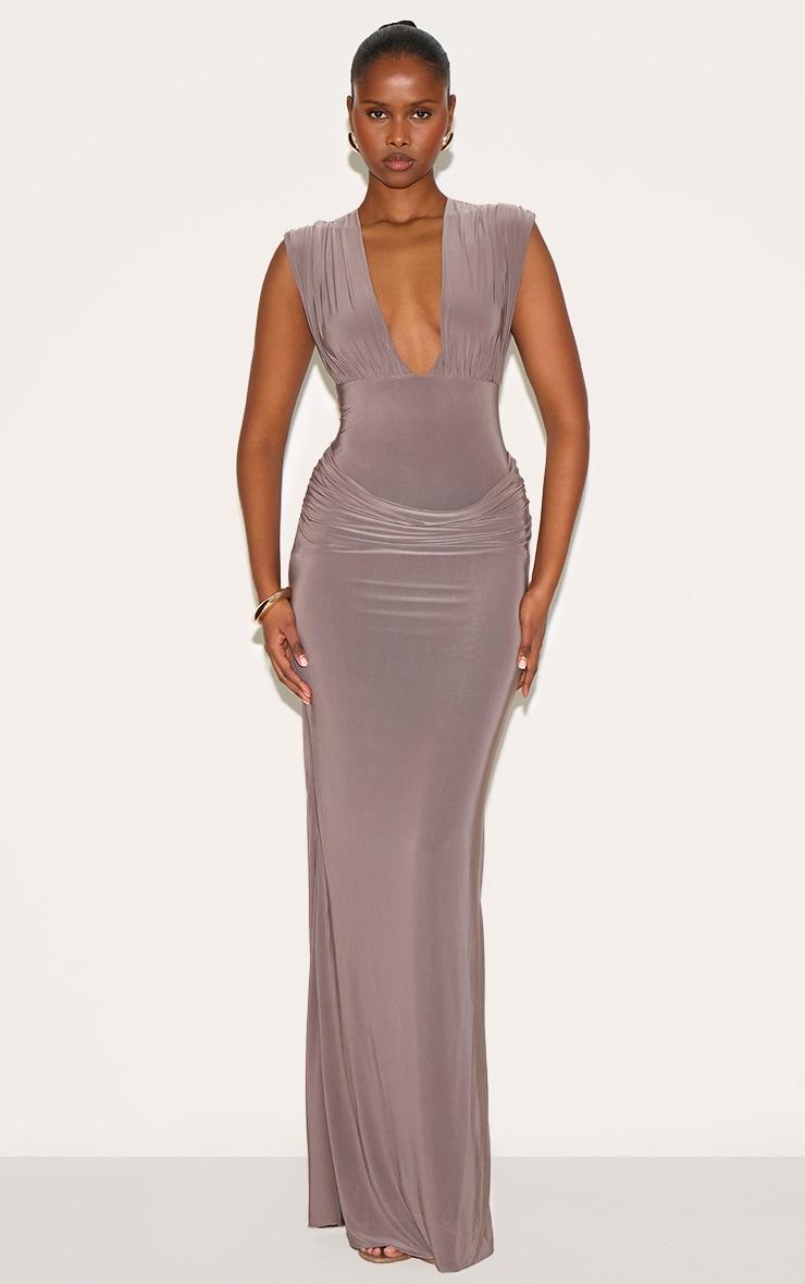 Taupe Double Layer Plunge Ruched Shoulder Drape Waist Maxi Dress Product Image