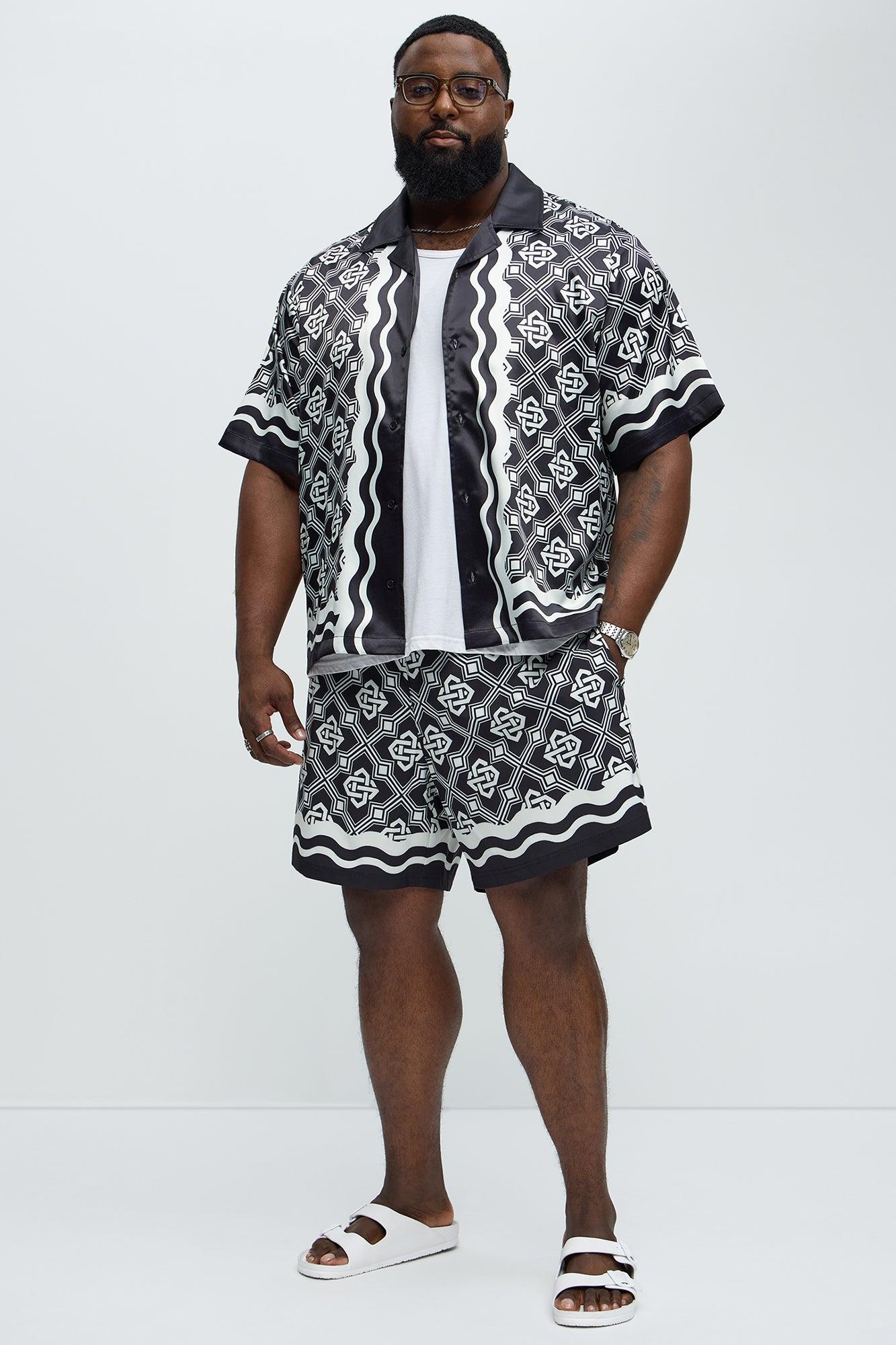 Geometric Wavy Border Cuban Collar Button Up Shirt - Black/combo Male Product Image