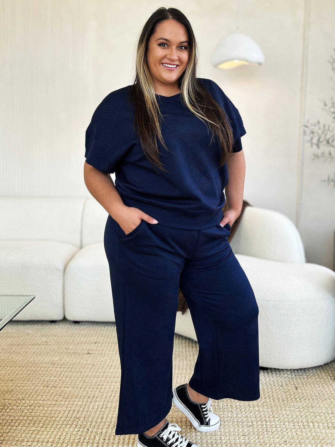 Double Take Full Size Texture Short Sleeve Top and Pants Set Product Image