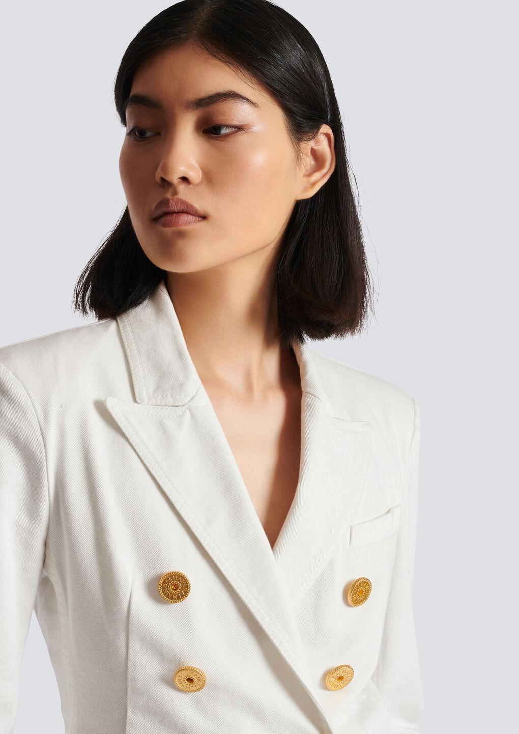 BALMAIN Double-breasted Structured Denim Blazer With Peak Lapel In White Product Image