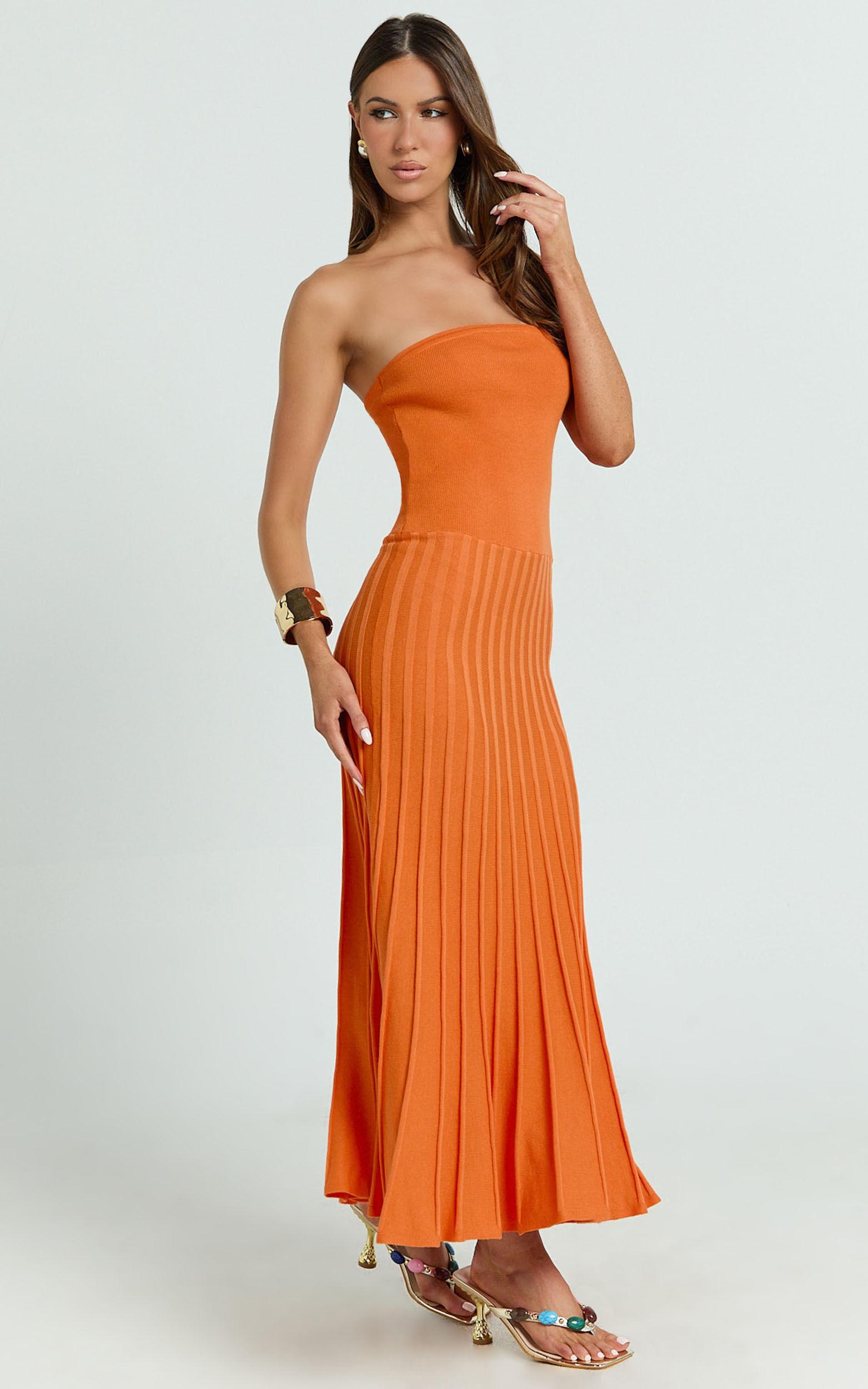 Paris Midi Dress - Strapless Drop Waist Pleated Knit Dress in Orange Product Image