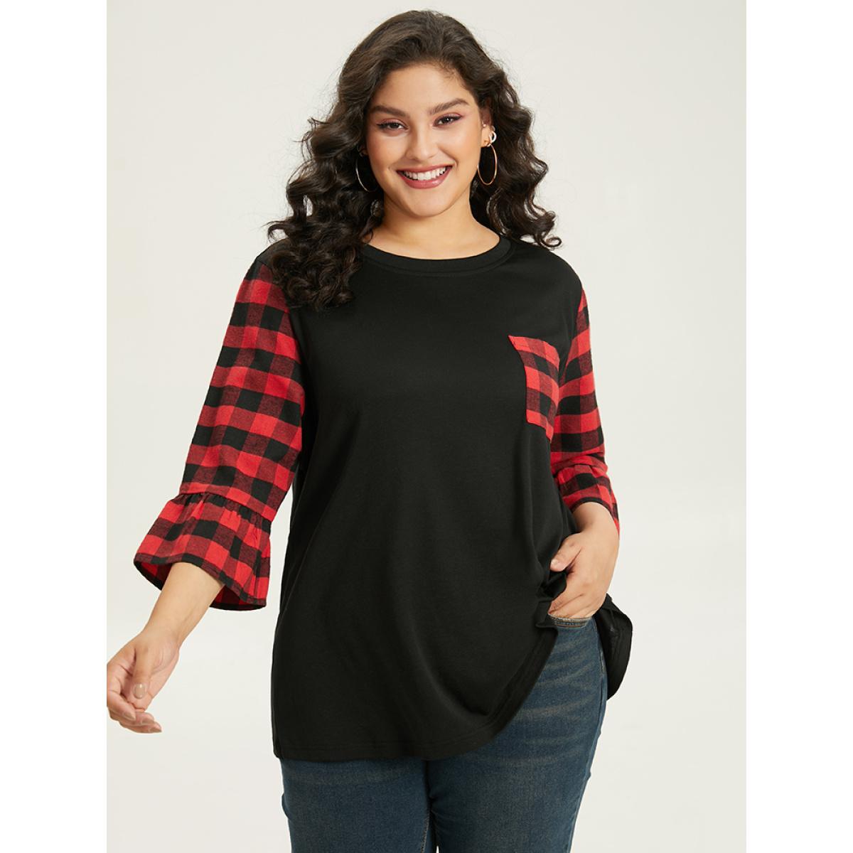 Plus Size Plaid Patched Pocket Patchwork Contrast Bell Sleeve T-shirt Black Women Casual Contrast Plaid Round Neck Dailywear T-shirts BloomChic 14-16/1X Product Image