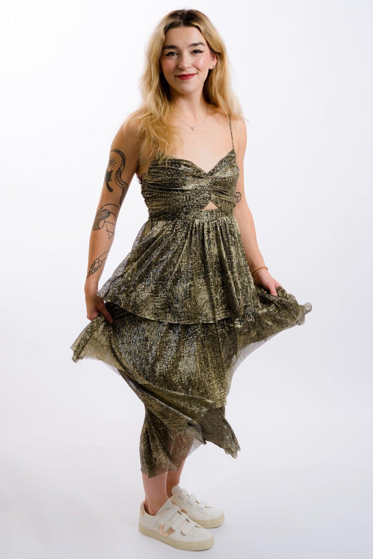 Moon River Metallic Cut-Out Tiered Maxi Dress - Black Gold Product Image