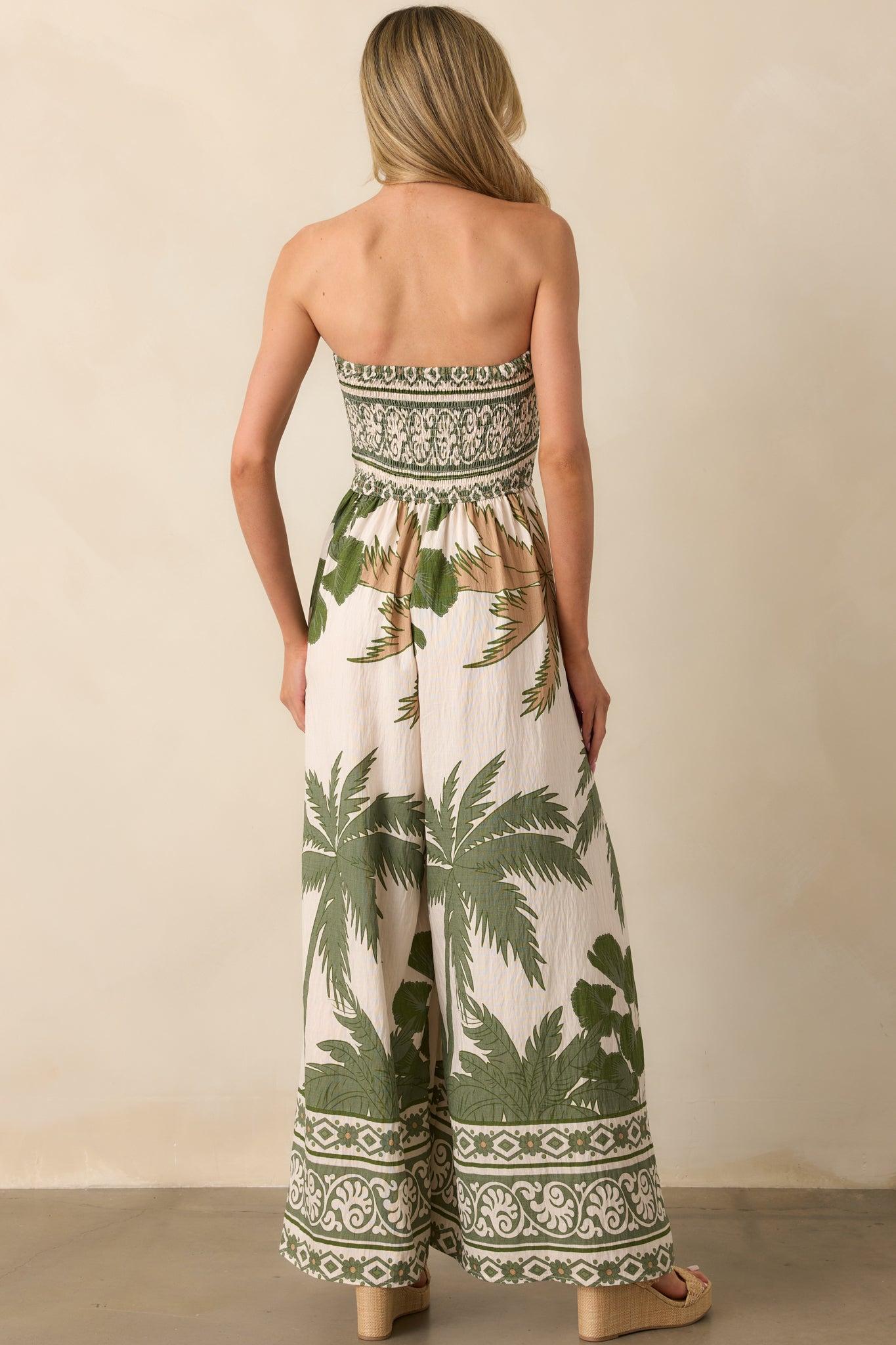 It's Like I Never Left Green Multi Tropical Print Strapless Jumpsuit Product Image