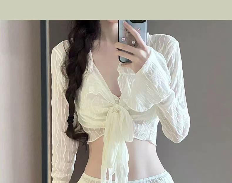 Set: Plain Shirred Bikini + Tie-Front Cover-Up + Skirt Product Image