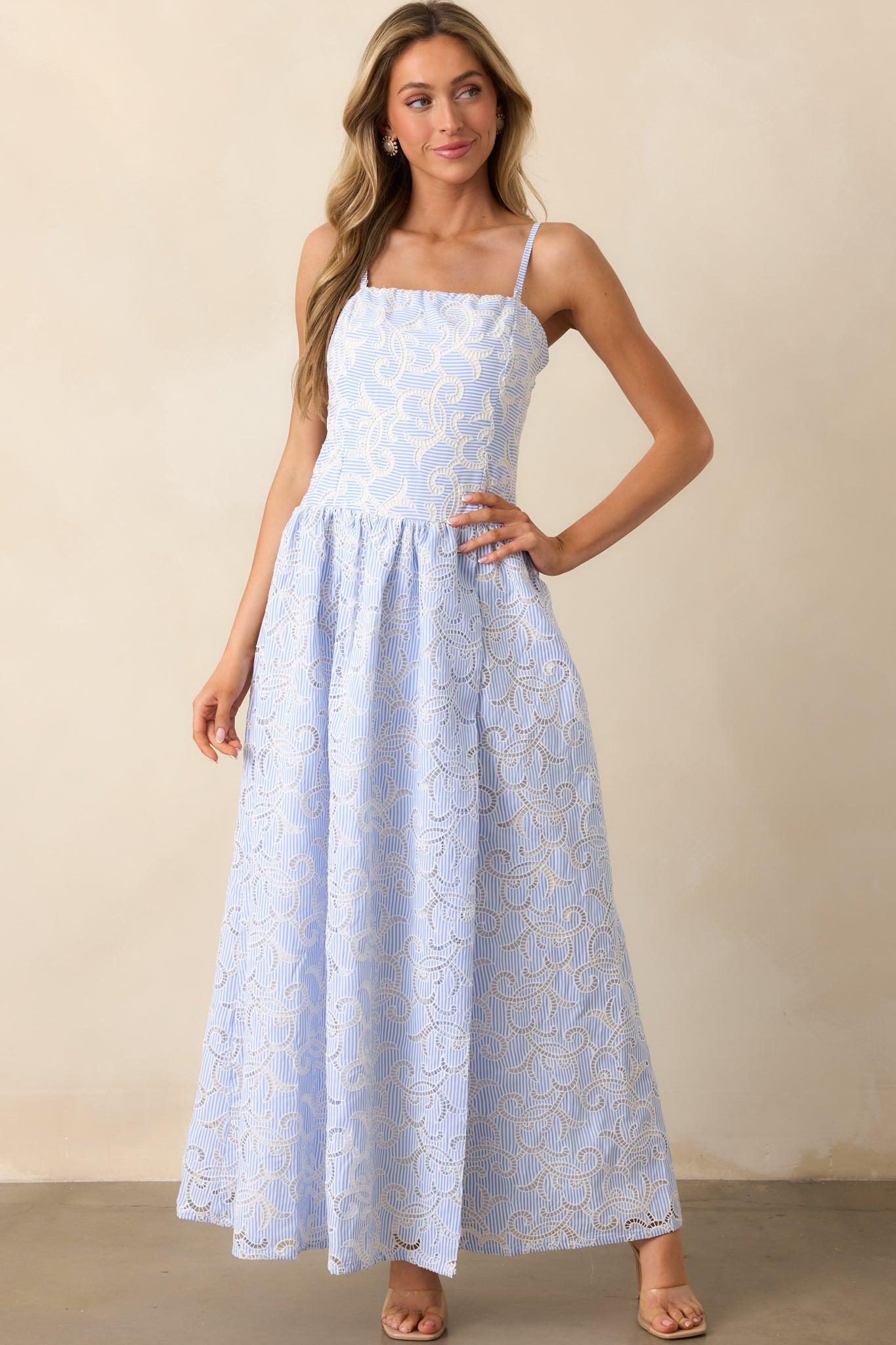 The Space Between Blue Stripe Embroidered Eyelet Maxi Dress Product Image