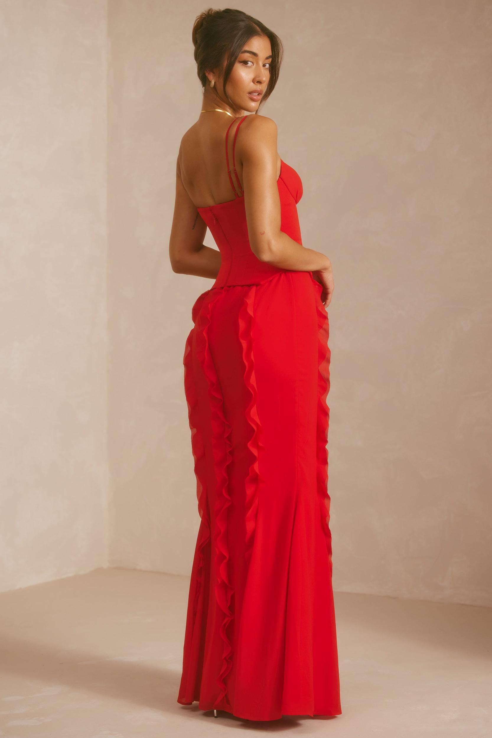 Corset Frill Skirt Maxi Dress in Scarlet Red Product Image