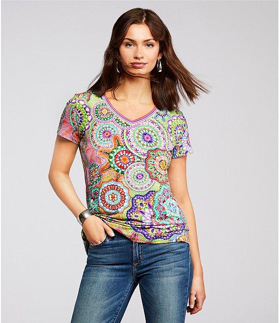 JOHNNY WAS The Janie Favorite Bamboo Knit Napperon Print V-Neck Short Sleeve Tee Product Image