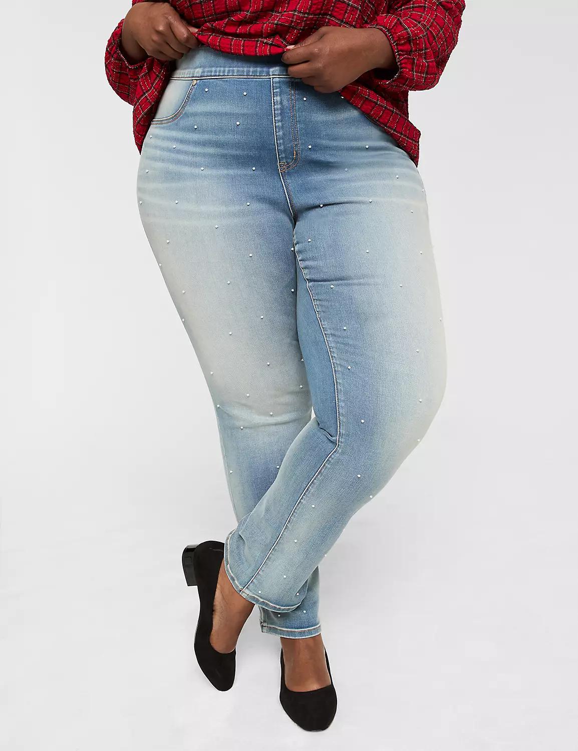 Pull-On Fit High-Rise Pearlized Embellished Straight Jean Product Image