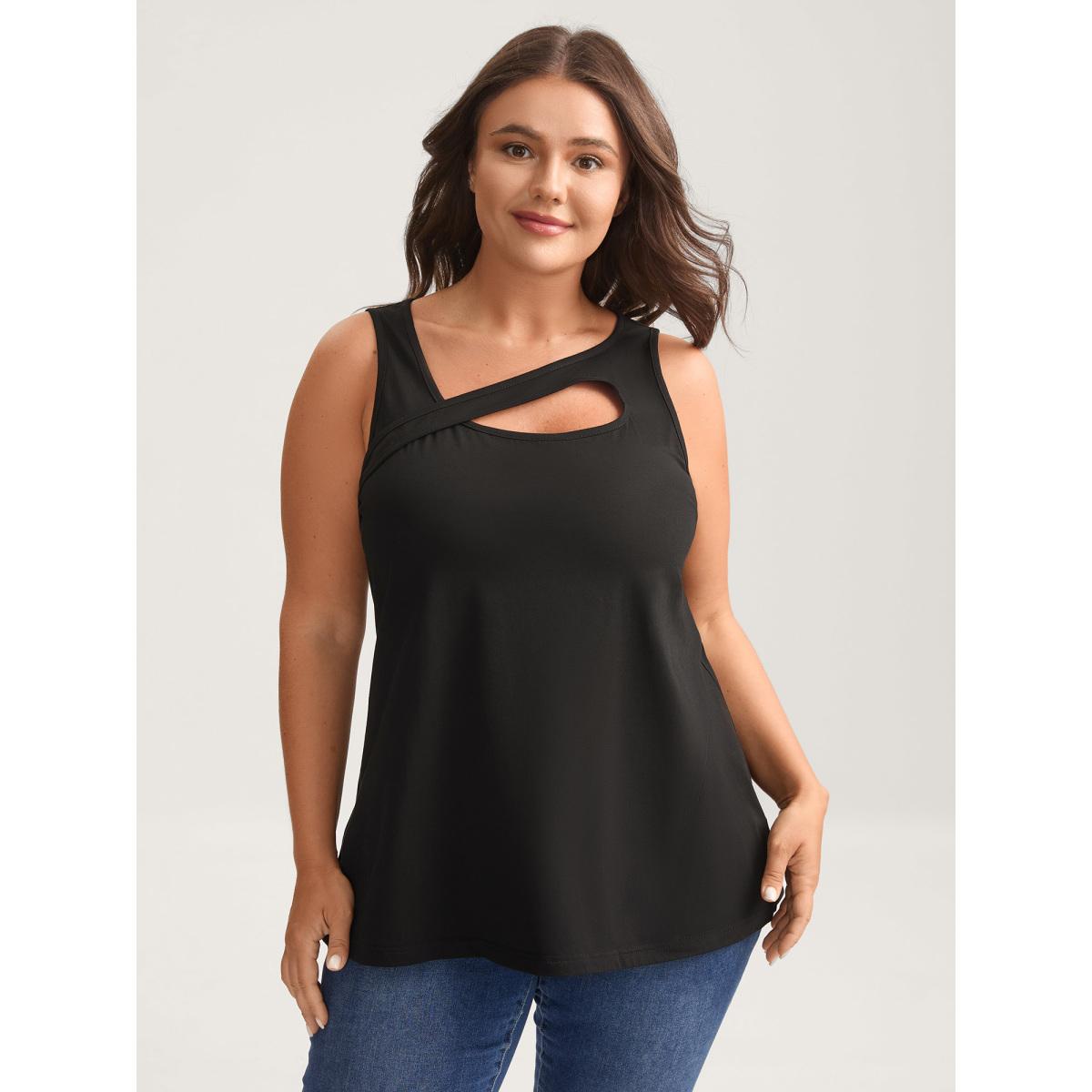 Plus Size Stretchy Neck Cut-Out Solid Tank Top Women Black Leisure Non Asymmetrical Neck Casual Tank Tops Camis BloomChic 12/L Product Image