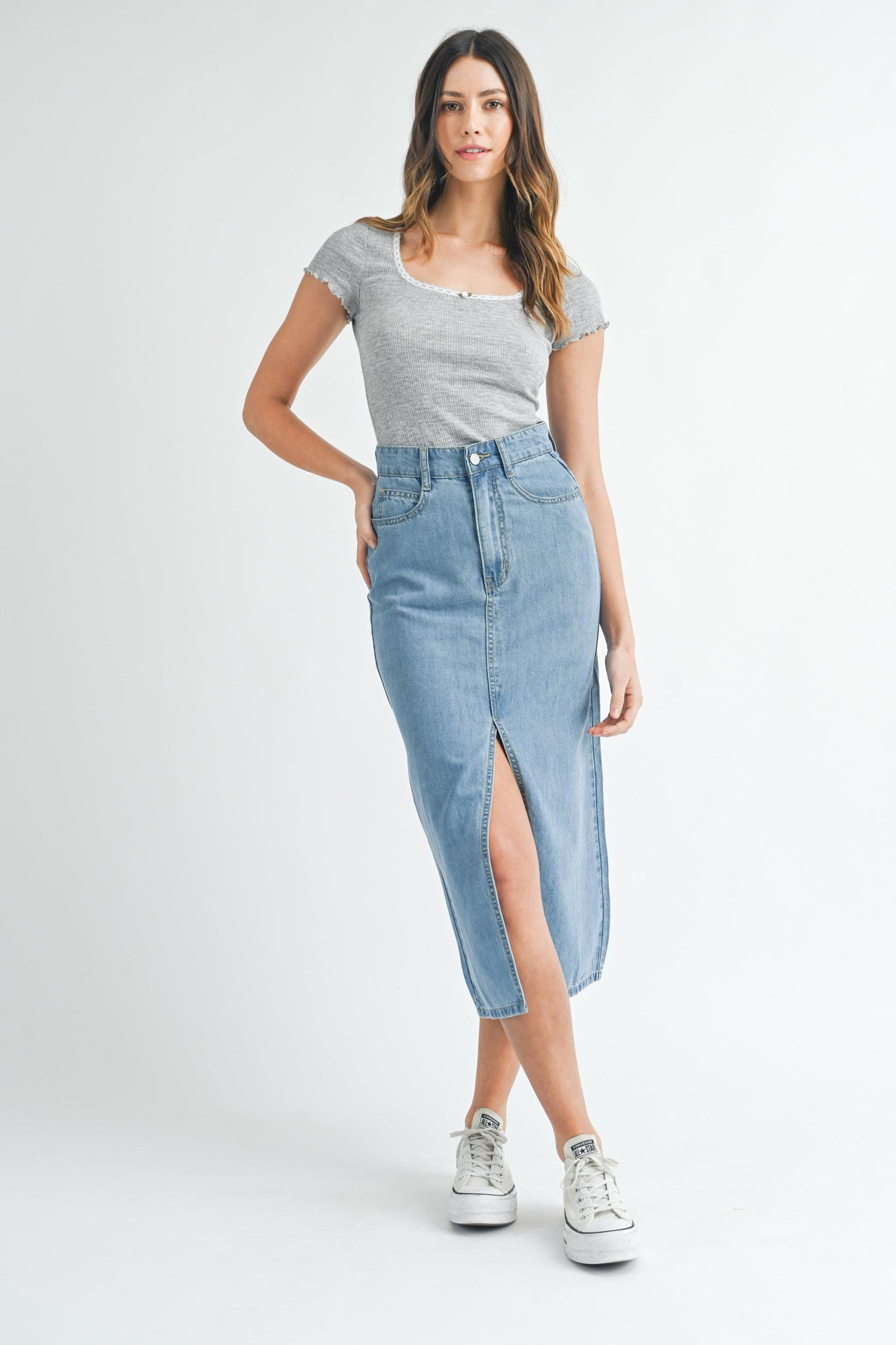 Front Slit Denim Midi Skirt Product Image