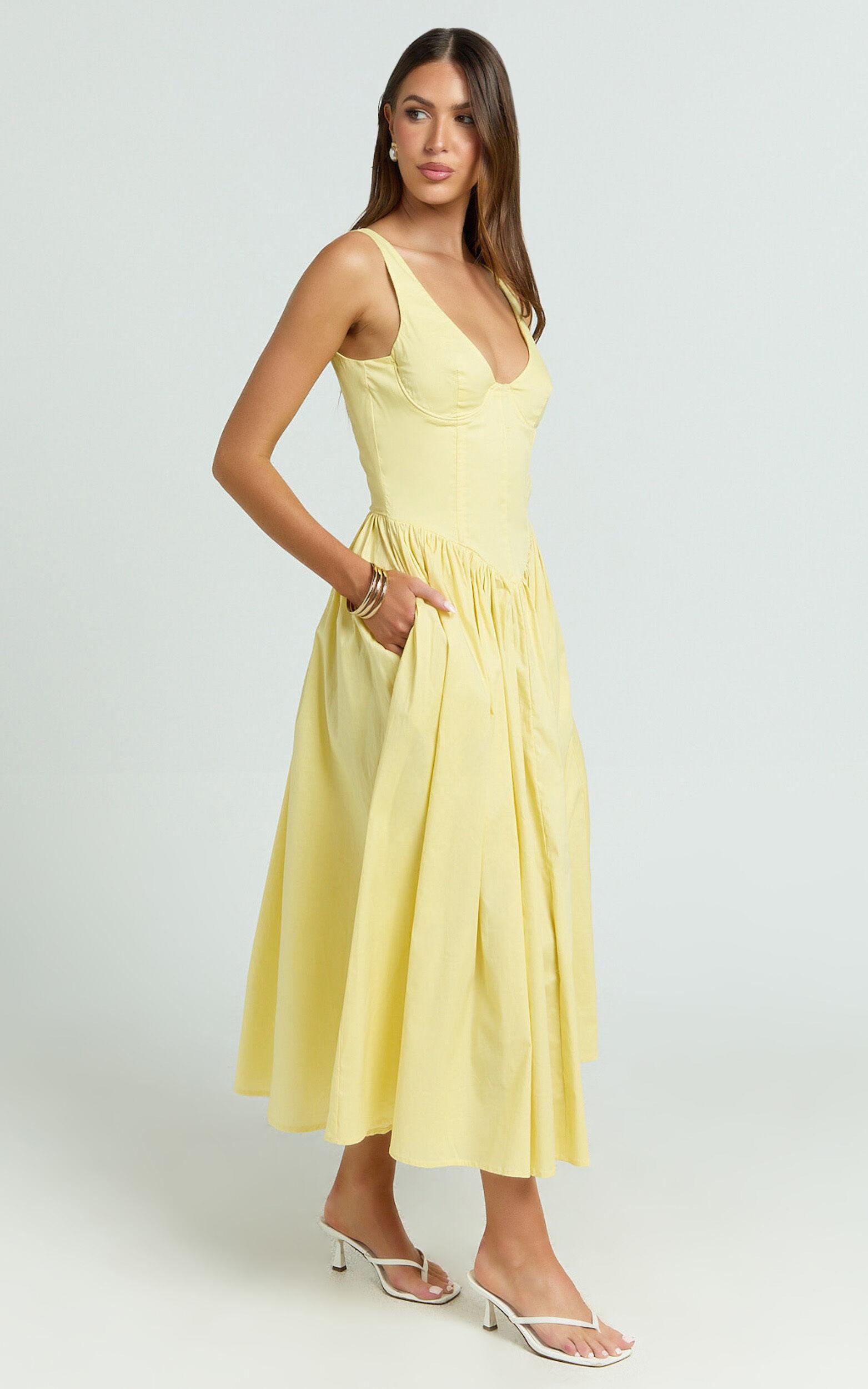 Beckett Midi Dress - Scoop Neck Drop V Waist Gathered Skirt Dress in Butter Yellow Product Image