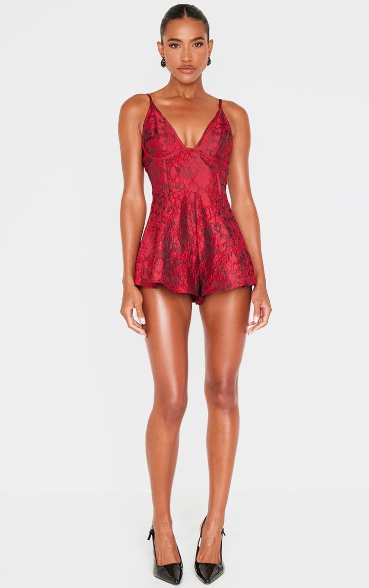Burgundy Satin Jacquard Corset Detail Floaty Romper Product Image