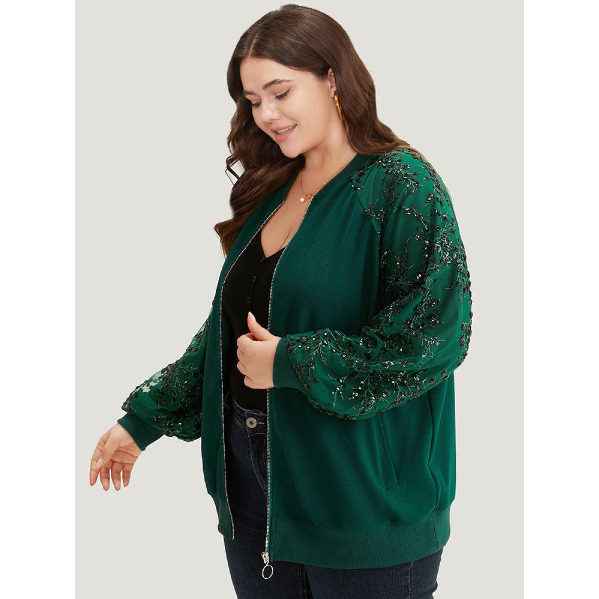 Plus Size Embroidered Patchwork Mesh Zipper Jacket Women Green Elastic cuffs Dailywear Jackets BloomChic 22-24/3X Product Image