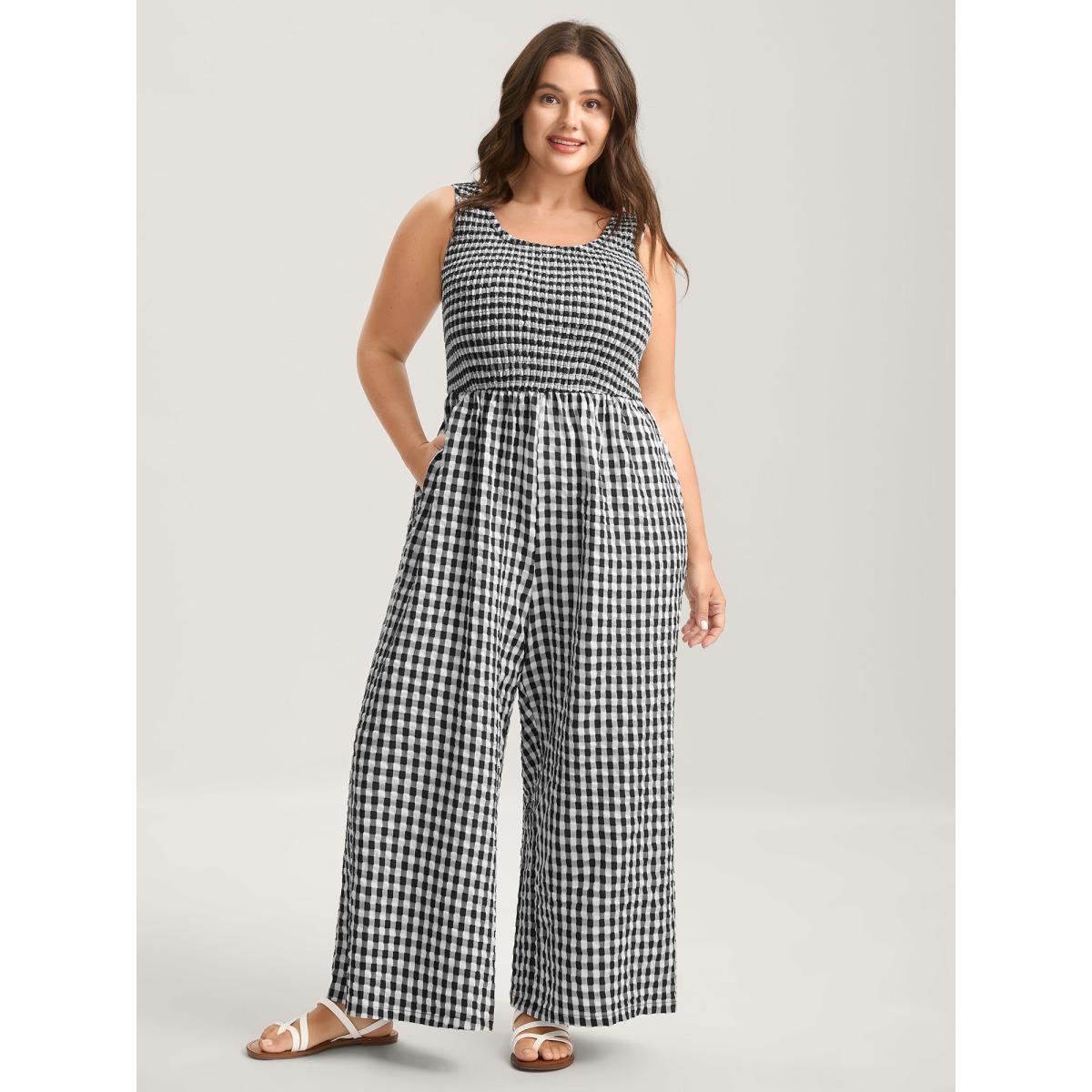 Plus Size Black Gingham Print Shirred Straight-Leg Jumpsuit Women Leisure Sleeveless U-neck Casual Loose Jumpsuits BloomChic 18-20/2X Product Image