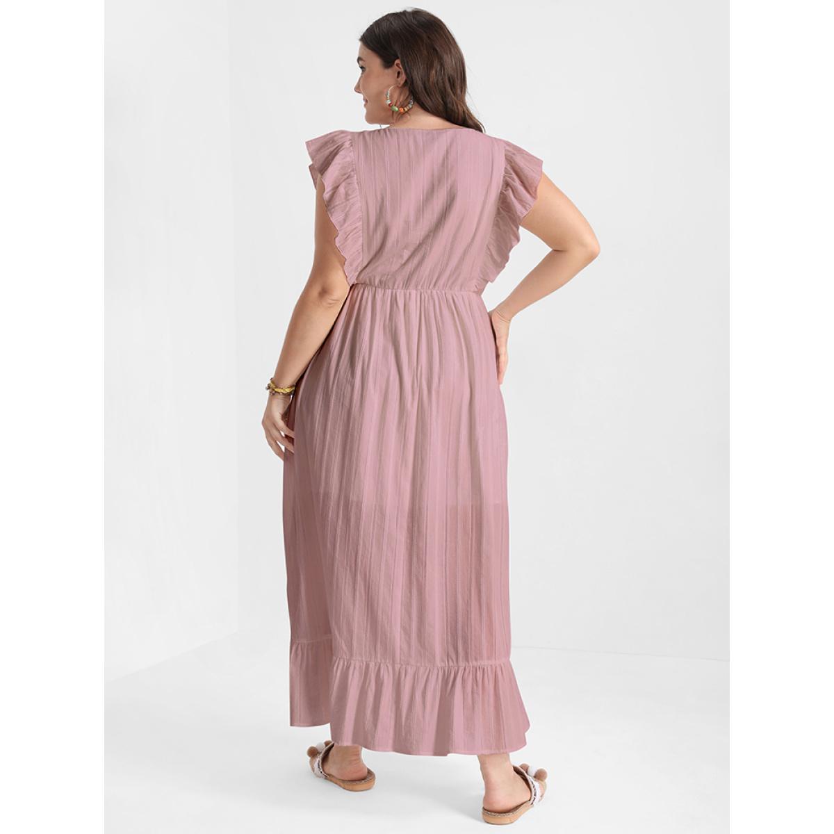 Plus Size Solid V Neck Ruffles Split Pocket Maxi Dress DustyPink Women Elegant Pocket V-neck Cap Sleeve Curvy Long Dress BloomChic 30/6X Product Image