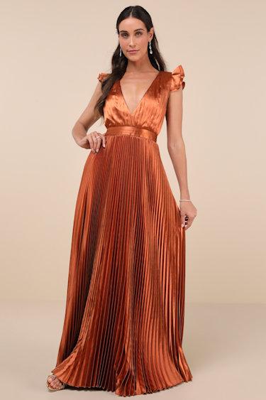 Exceptional Drama Rust Orange Satin Lace-Up Pleated Maxi Dress Product Image