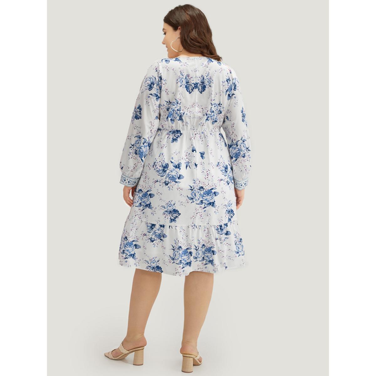 Plus Size Floral Print Lantern Sleeve Pocket Ruffle Dress Stone Women Vacation Printed V-neck Long Sleeve Curvy Midi Dress BloomChic 30/6X Product Image