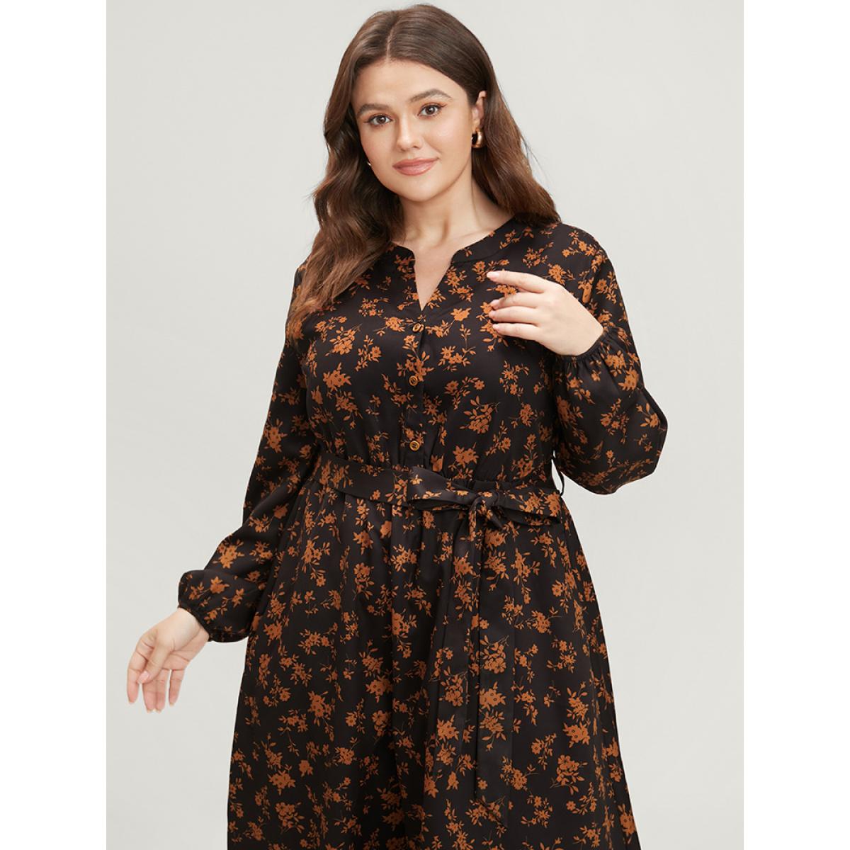 Plus Size Ditsy Floral Pocket Belted Lantern Sleeve Midi Dress Black Women Elegant Button V-neck Long Sleeve Curvy Midi Dress BloomChic 10/M Product Image