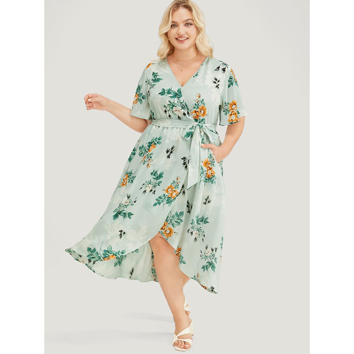 Plus Size Floral Pocket Ruffle Sleeve Wrap Belt Asymmetrical Hem Dress LightGreen Women Elegant Cross straps V-neck Short sleeve Curvy Midi Dress BloomChic 30/6X Product Image