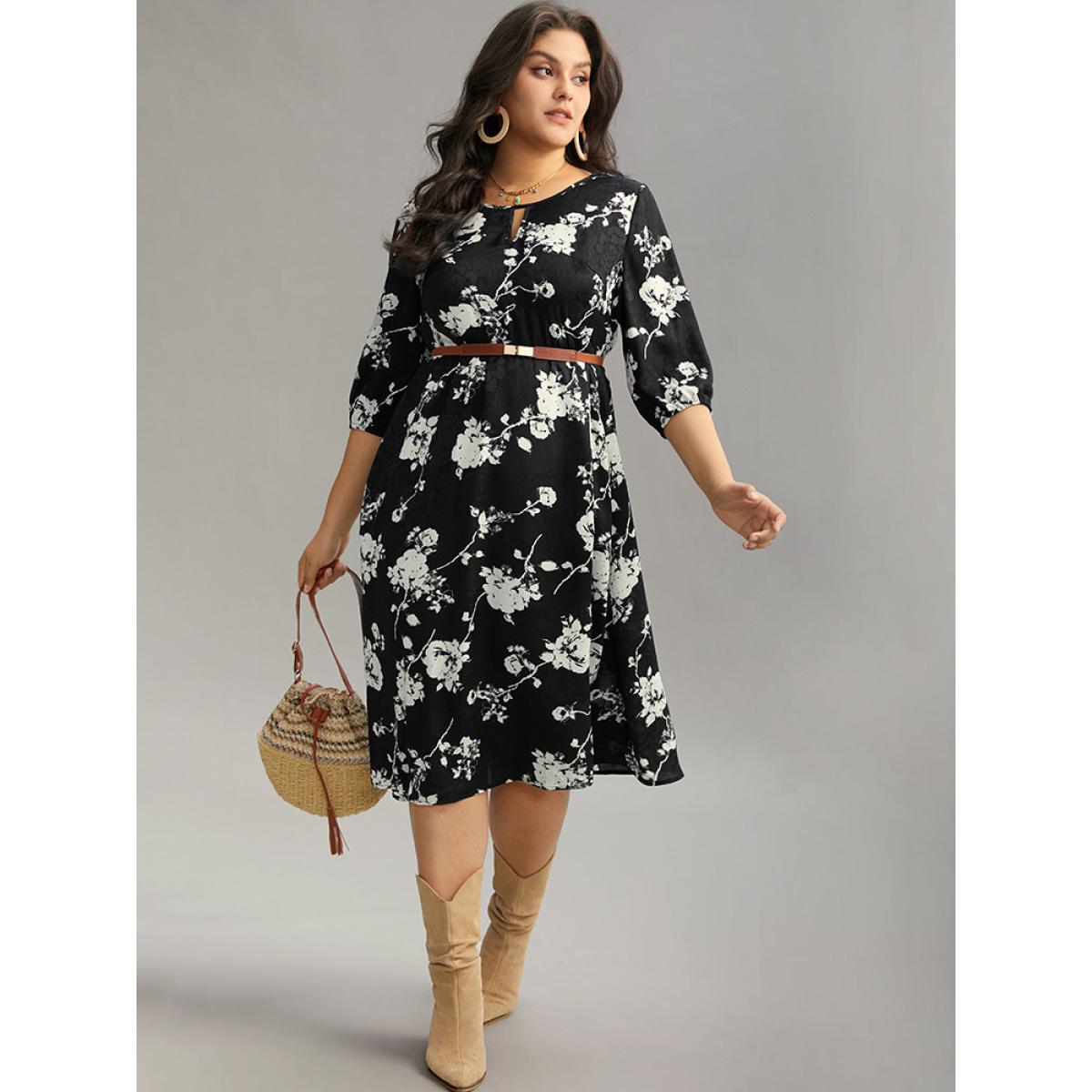 Plus Size Silhouette Floral Print Texture Keyhole Lantern Sleeve Dress Black Women Vacation Elastic cuffs Keyhole Cut-Out Elbow-length sleeve Curvy Midi Dress BloomChic 10/M Product Image