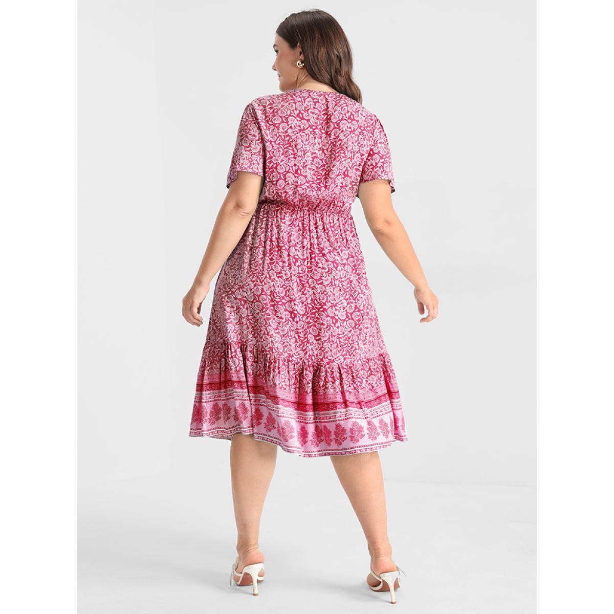 Plus Size Ditsy Floral Ruffled Knotted Wrap Dress Pink Women Elegant Ruffles V-neck Short sleeve Curvy Knee Dress BloomChic 22-24/3X Product Image