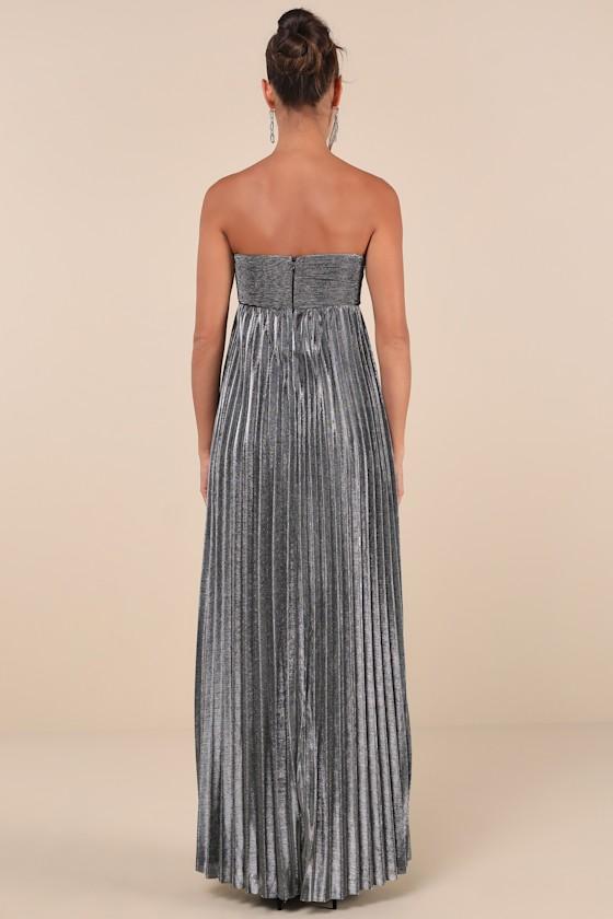 Glittering Luxury Silver Lurex Pleated Strapless Maxi Dress Product Image