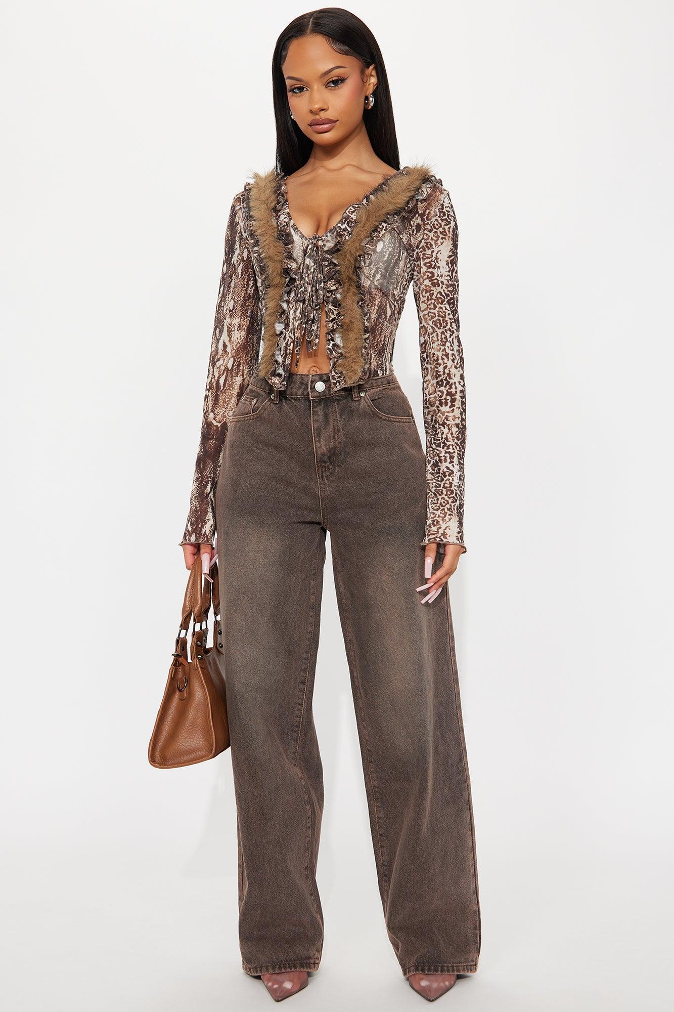 Look At You Go Non Stretch Wide Leg Jeans - Brown Female Product Image