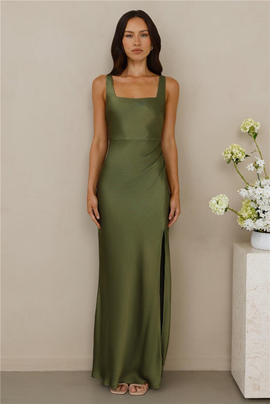 The Evelina Satin Maxi Dress Olive Product Image