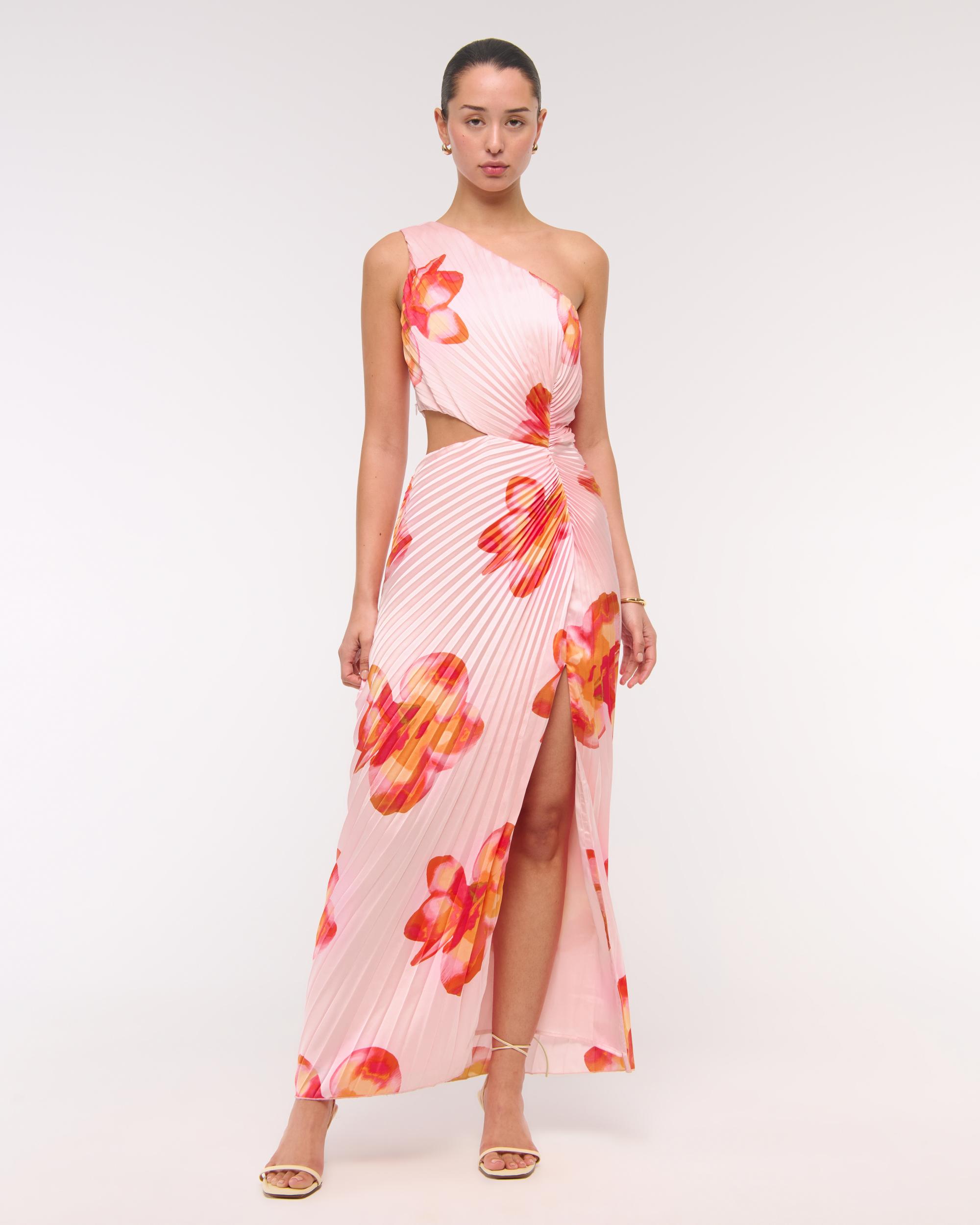 The A&F Giselle Pleated One-Shoulder Cutout Maxi Dress Product Image